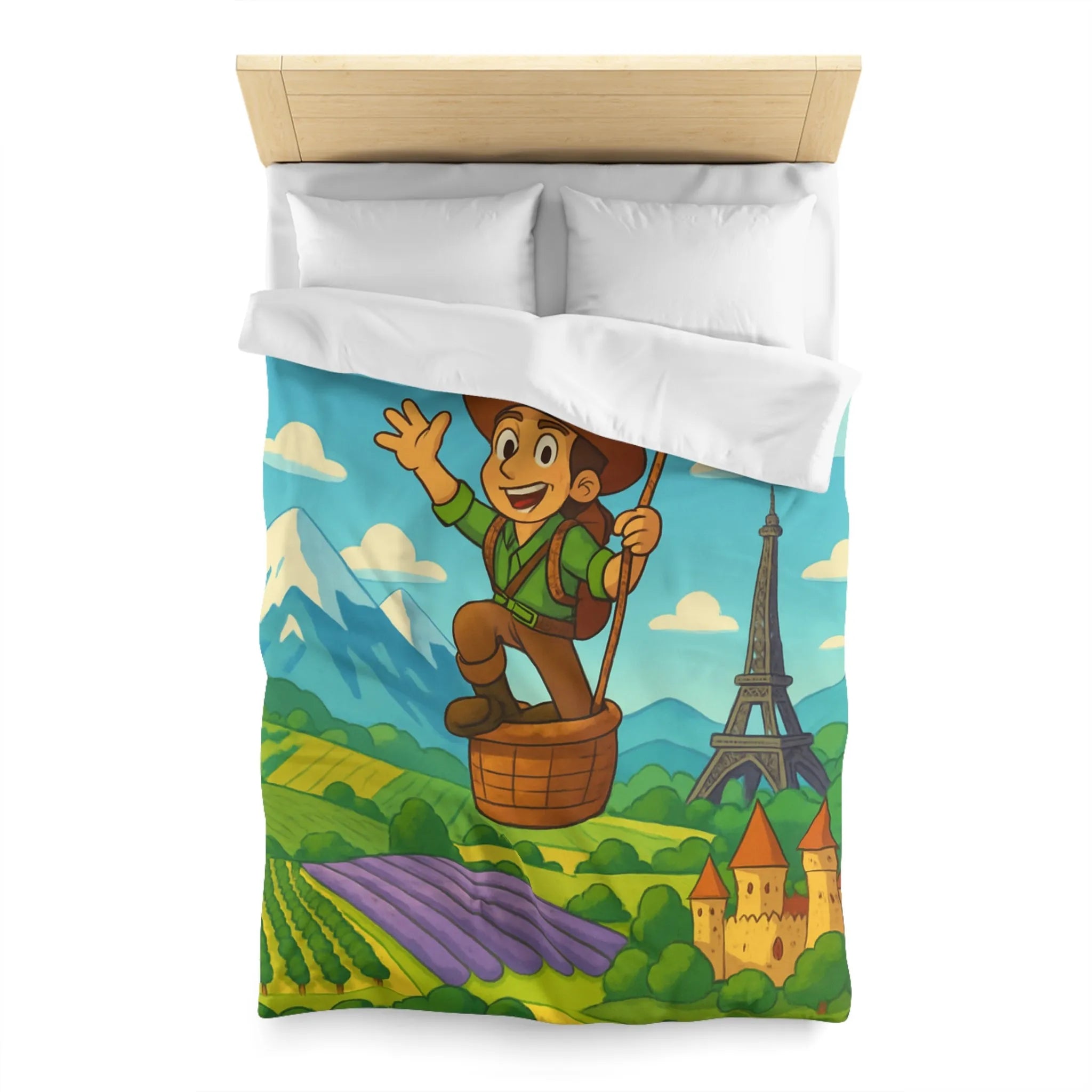 Charmant voyageur en montgolfière surplombant paysages français, champs et monuments emblématiques