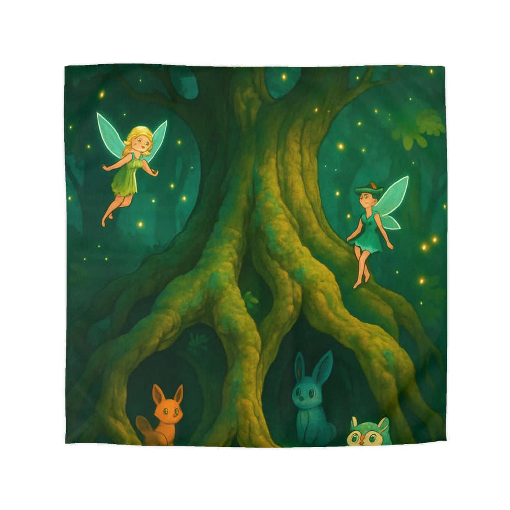 Housse de couette féerique avec animaux et fées sous un arbre illuminé