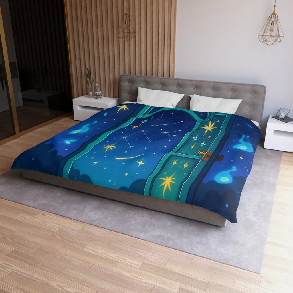 Housse de couette magique avec porte ouverte sur ciel étoilé bleu et constellations