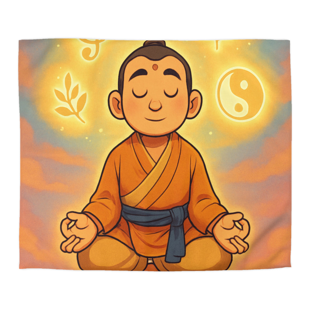 Housse de couette zen avec méditation, symboles spirituels, orange et bleu apaisant