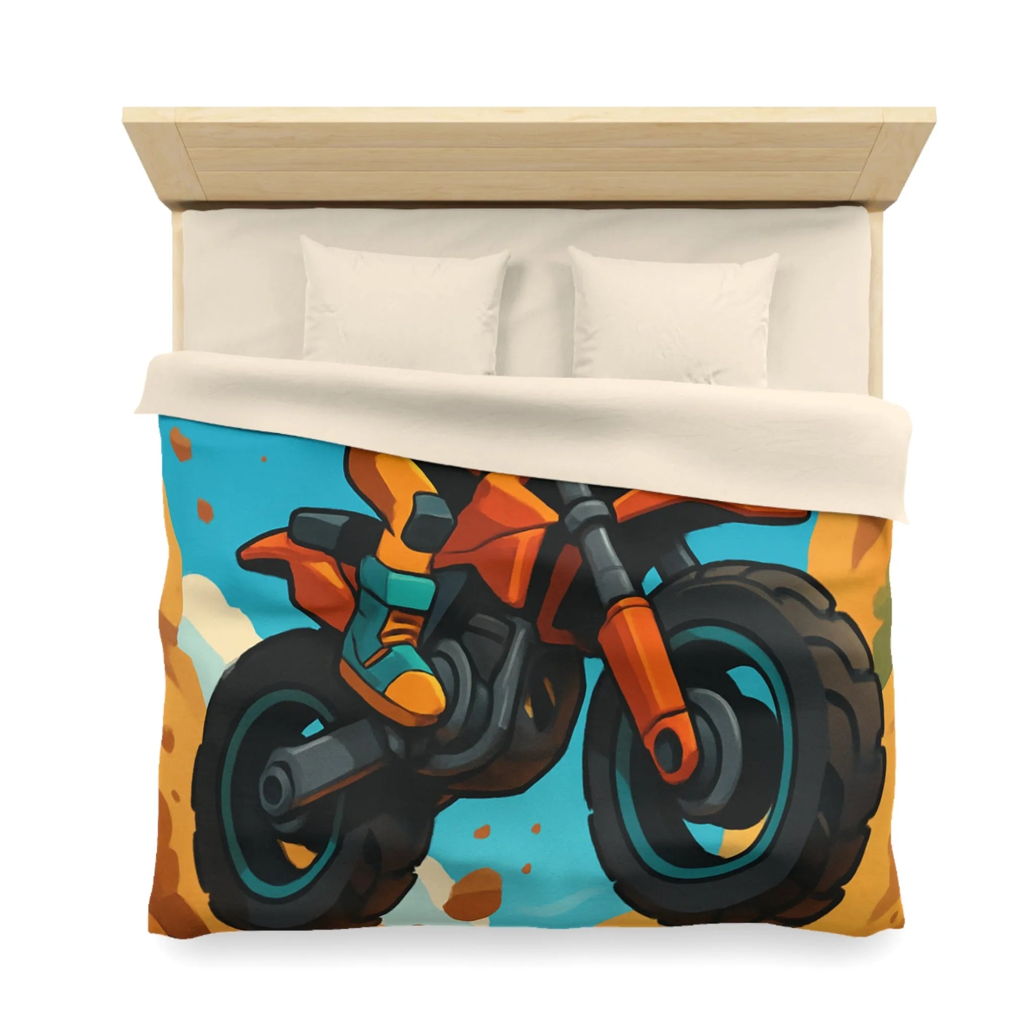 Housse de couette enfant motocross orange avec paysage montagneux et ciel bleu vif