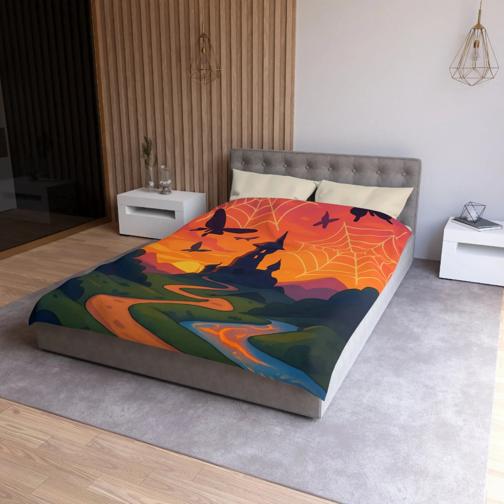 Housse de couette avec tour enchantée, papillons et toiles d'araignée au crépuscule