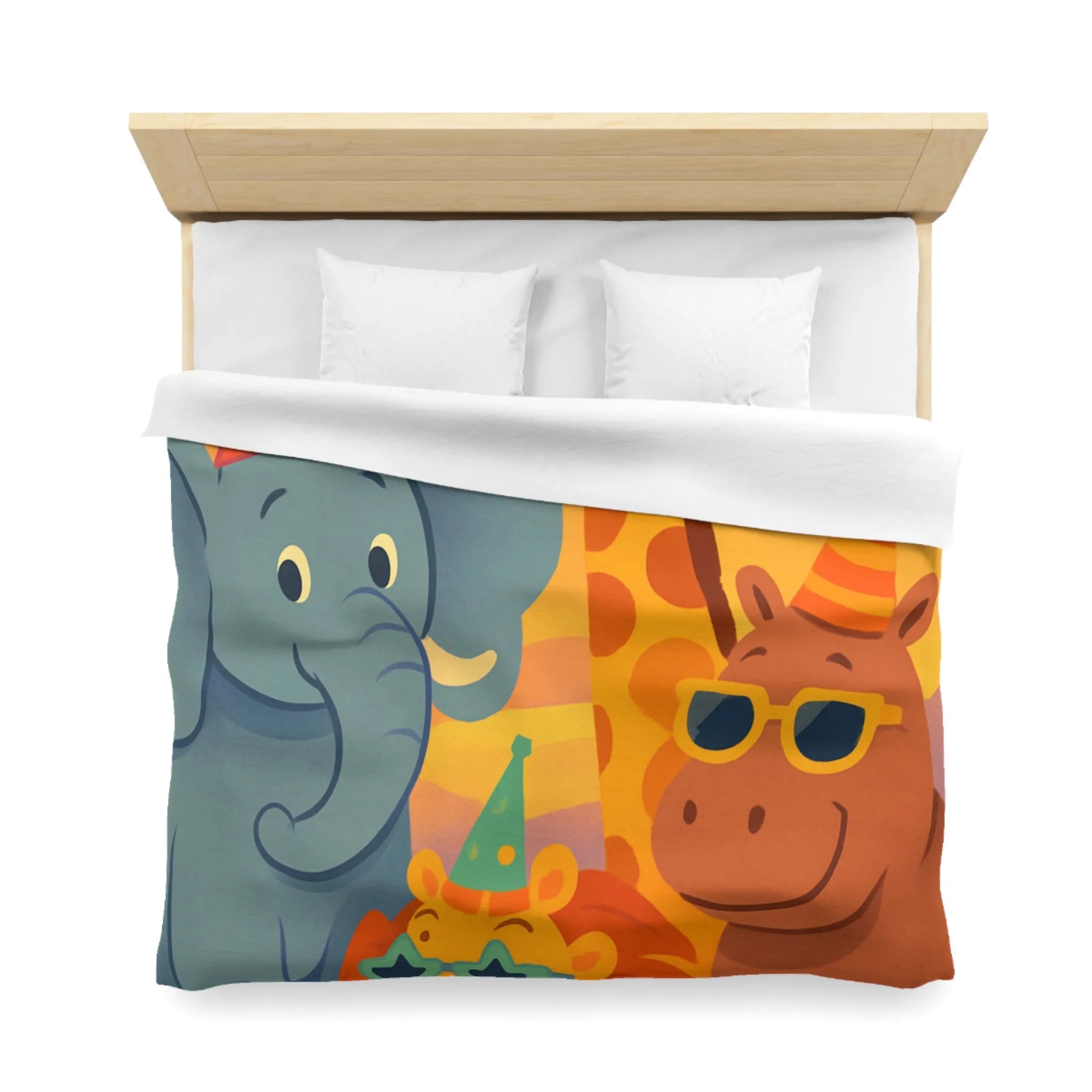 Housse de couette enfantine avec animaux de safari festifs et chapeaux colorés en fête