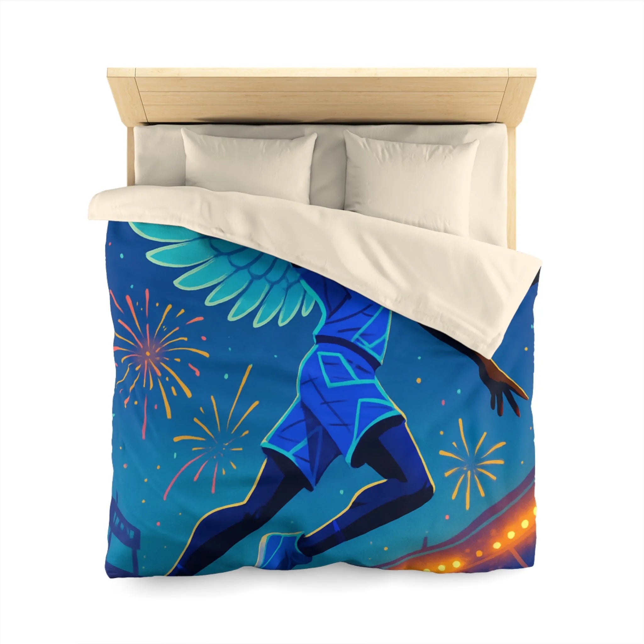 Housse de couette avec joueur de basket volant sous un ciel étoilé lumineux