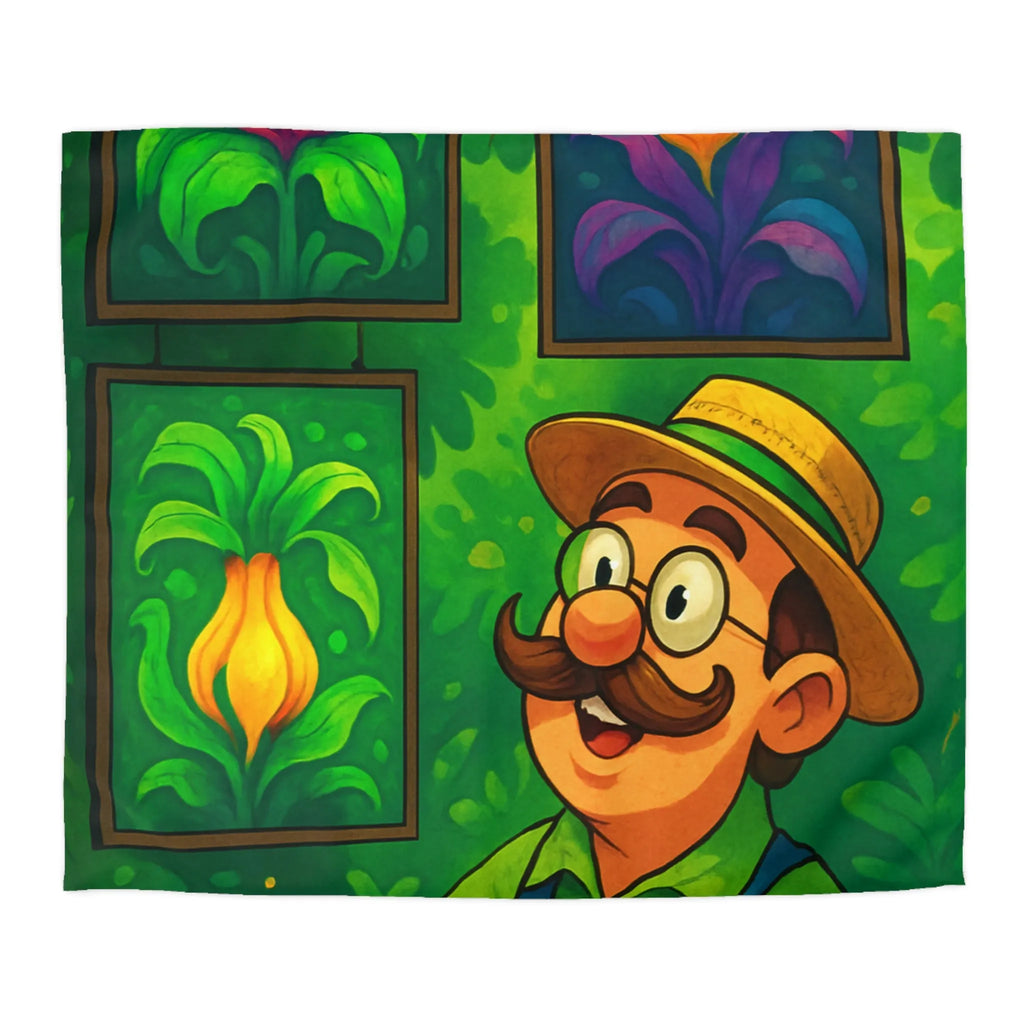 "Housse de Couette Motif Tropical avec Fleurs Exotiques et Jardinier Heureux Illustré"