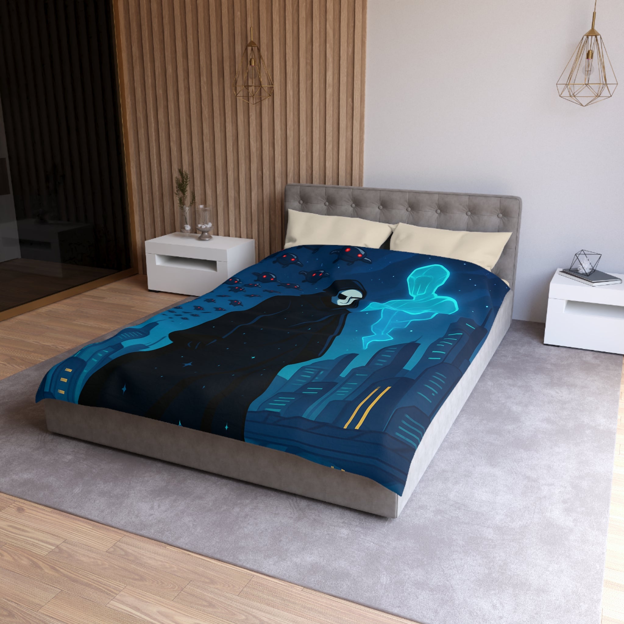 Housse de couette spatiale avec figure masquée et paysage urbain futuriste