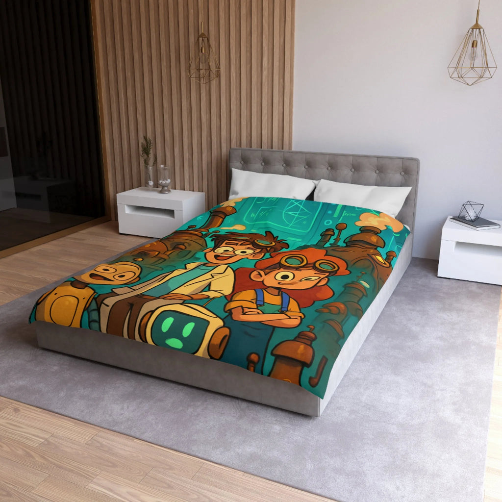 Exploration robotique en atelier steampunk coloré avec jeunes inventeurs et machines futuristes