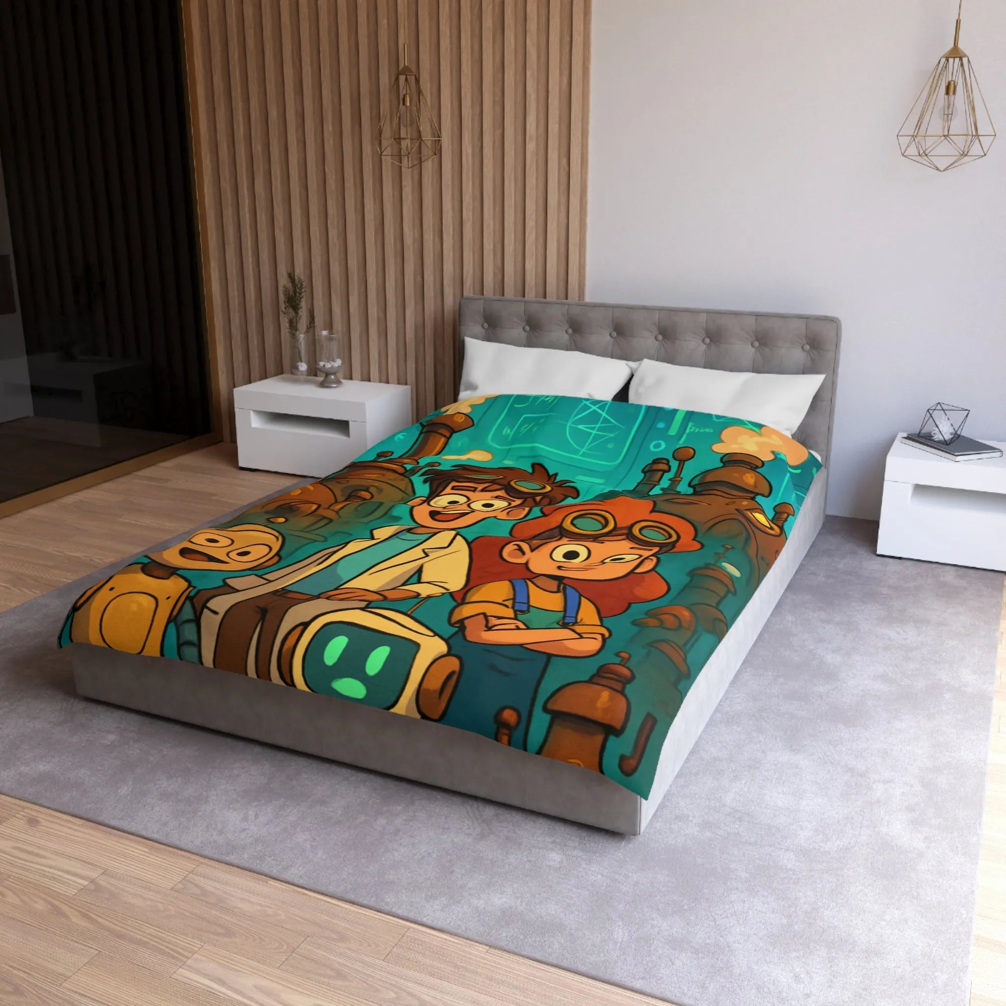 Exploration robotique en atelier steampunk coloré avec jeunes inventeurs et machines futuristes