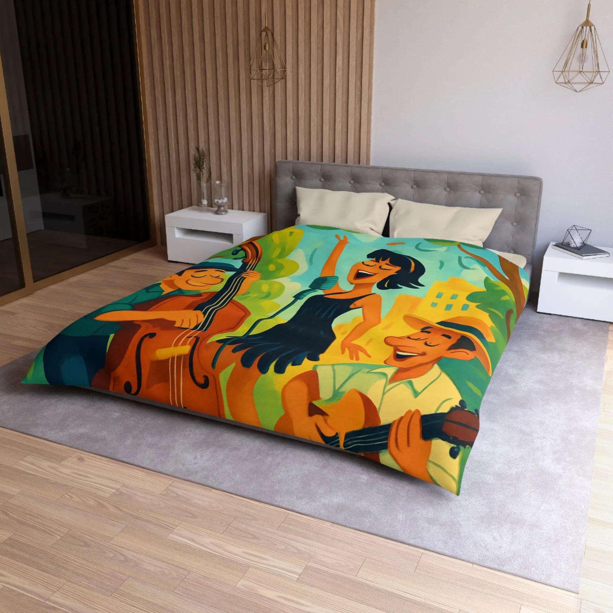 Housse de couette colorée avec scène musicale rétro dans un parc ensoleillé