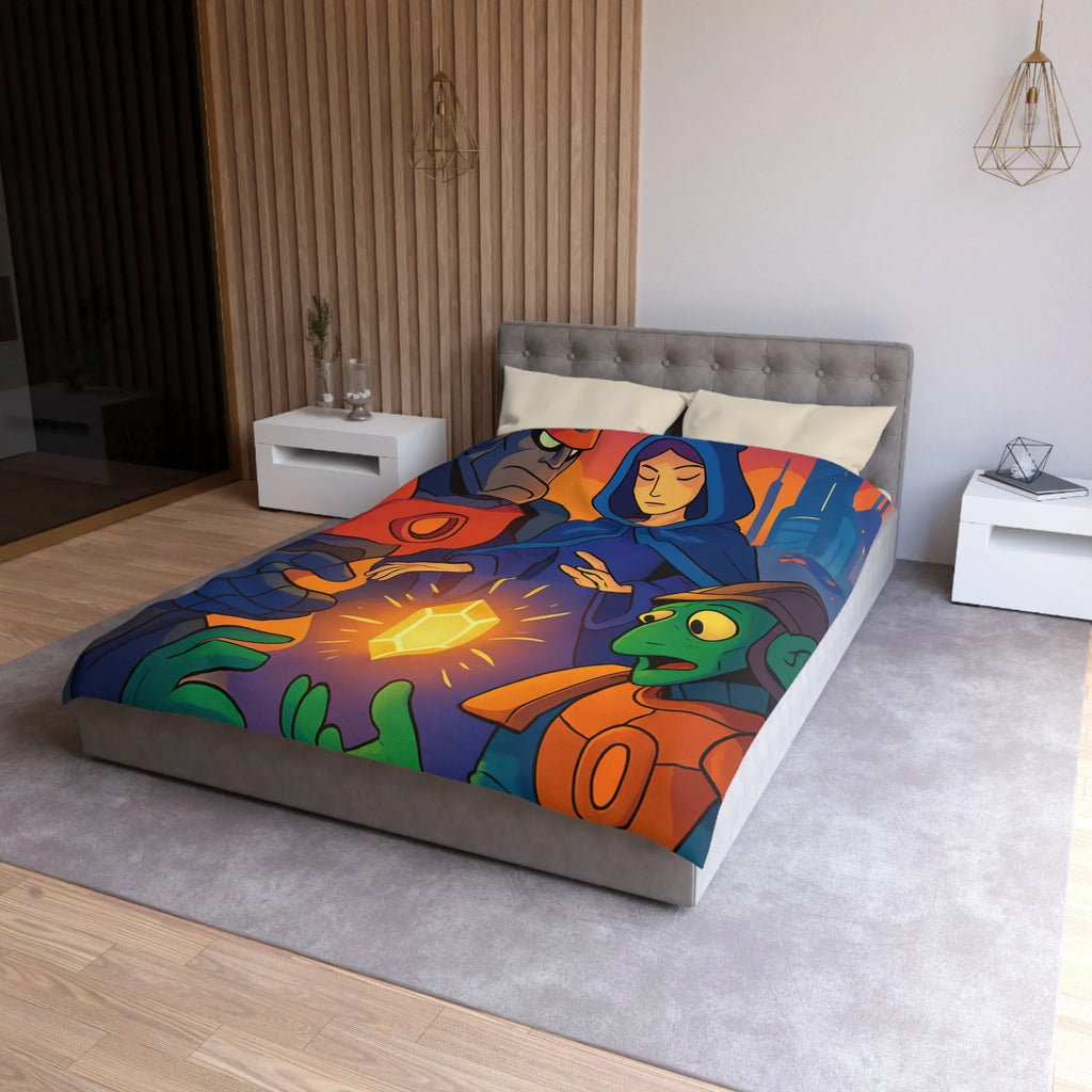 Housse de couette colorée avec illustration futuriste d'artefact mystérieux et personnages intrigants