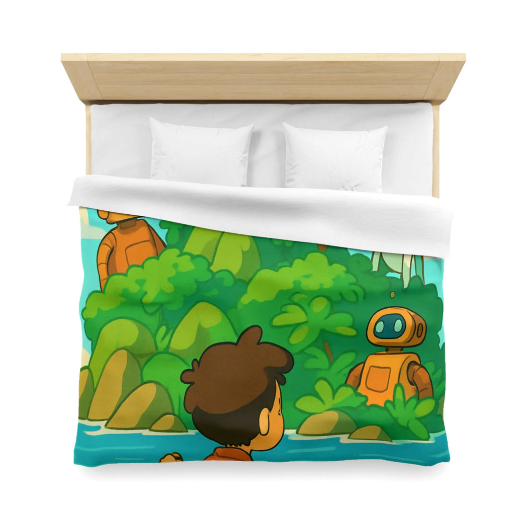 Housse de couette avec robots ludiques et enfant en bateau sur lac serein