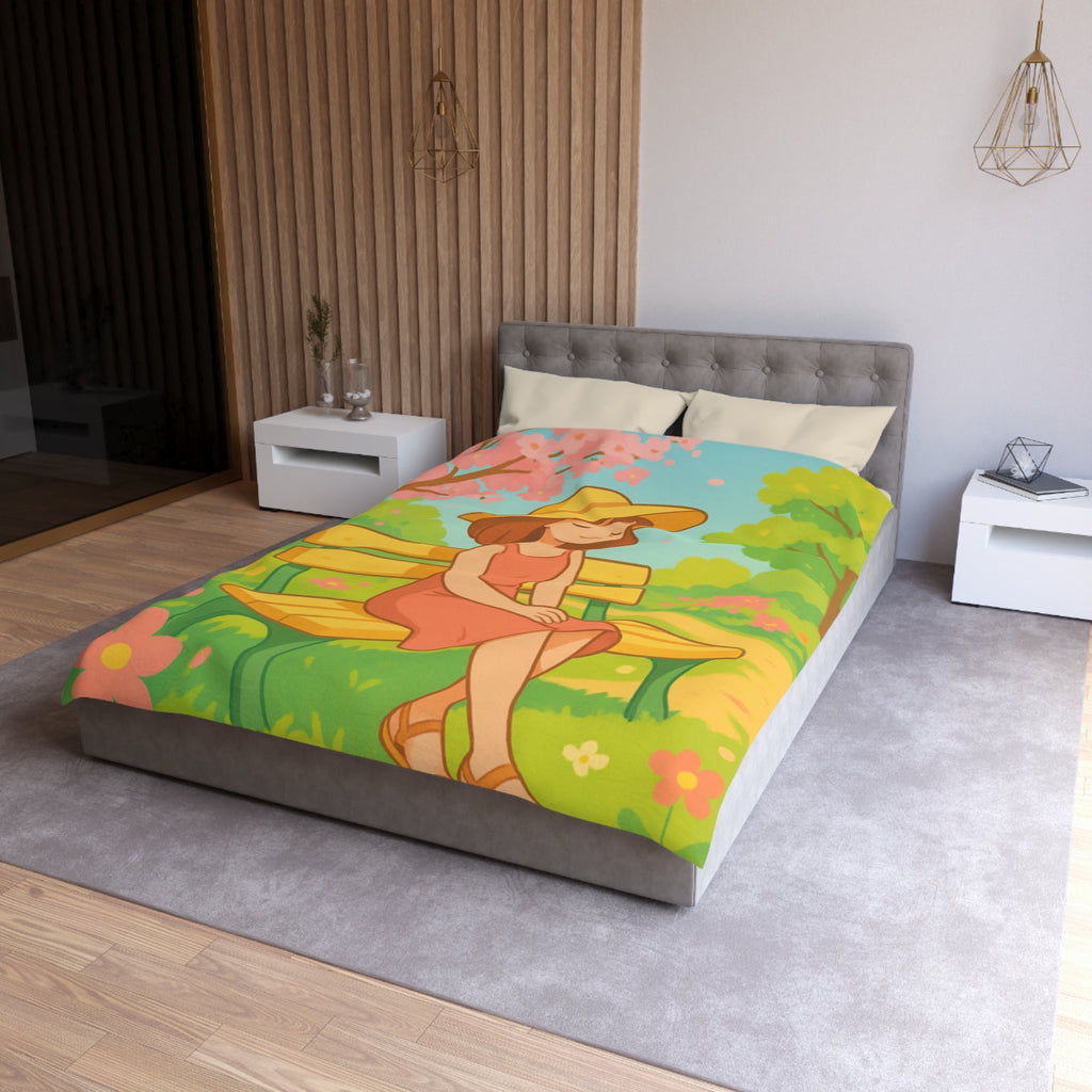 Housse De Couette Motif Printanier Banc Fleurs Ciel Bleu Style Illustration Paisible