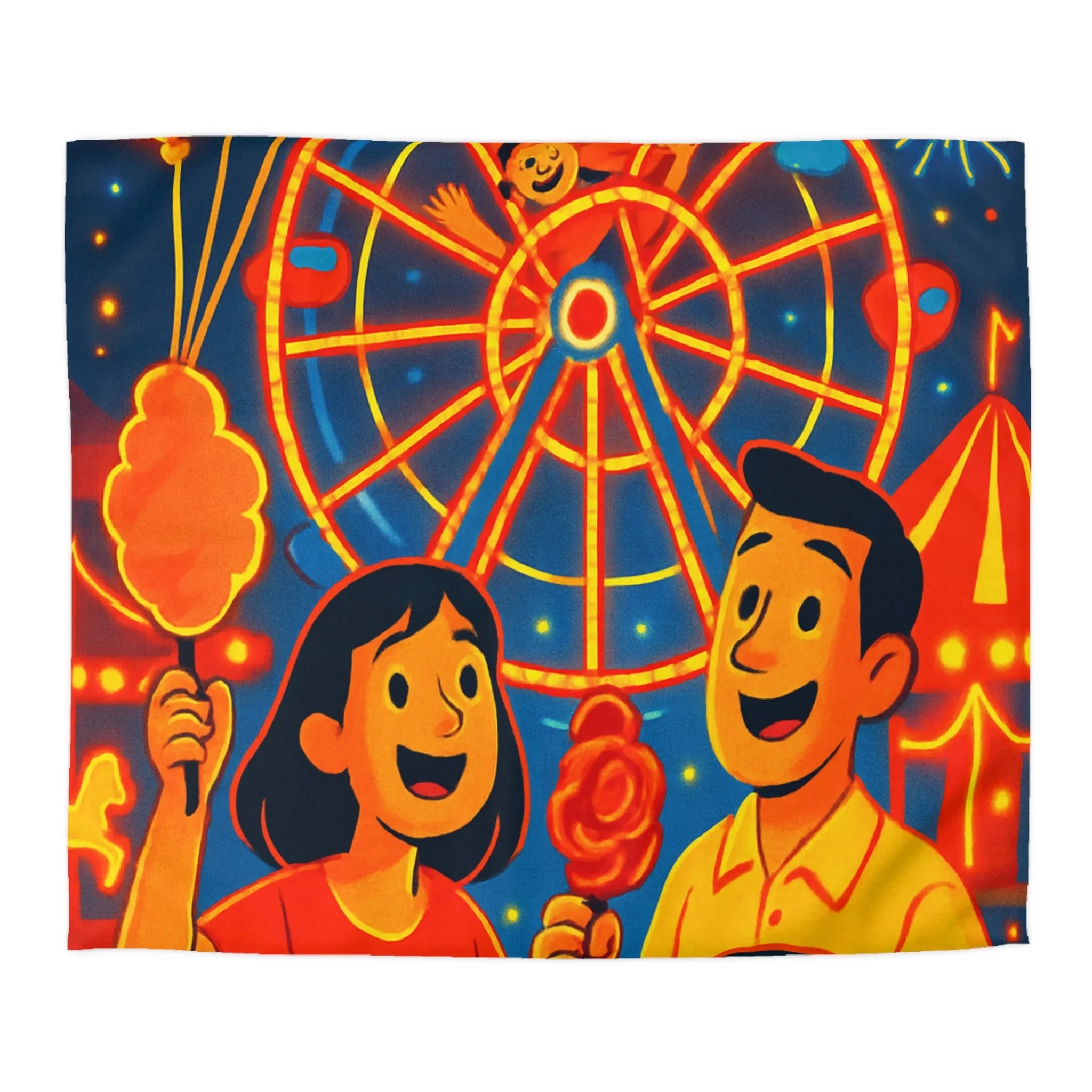 Housse de Couette Famille Heureuse Parc d'Attractions Éclairages Spectaculaires Fête Foraine à Décor
