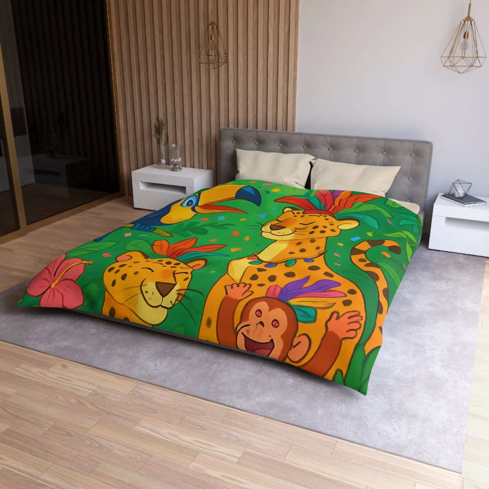 Housse de couette colorée avec animaux exotiques, motif jungle joyeux pour chambre enfant
