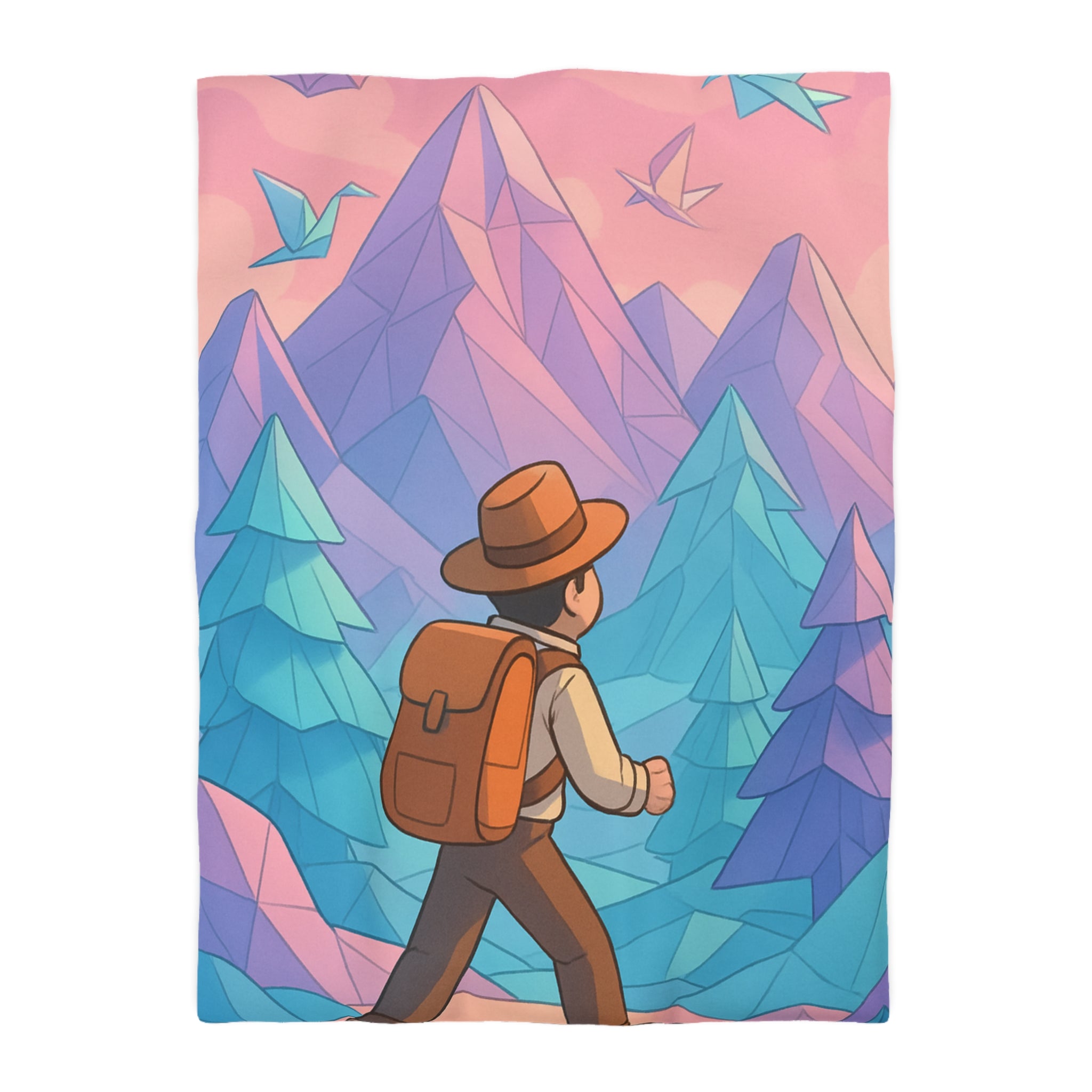 Housse de couette paysage montagnard pastel avec randonneur et oiseaux en origami