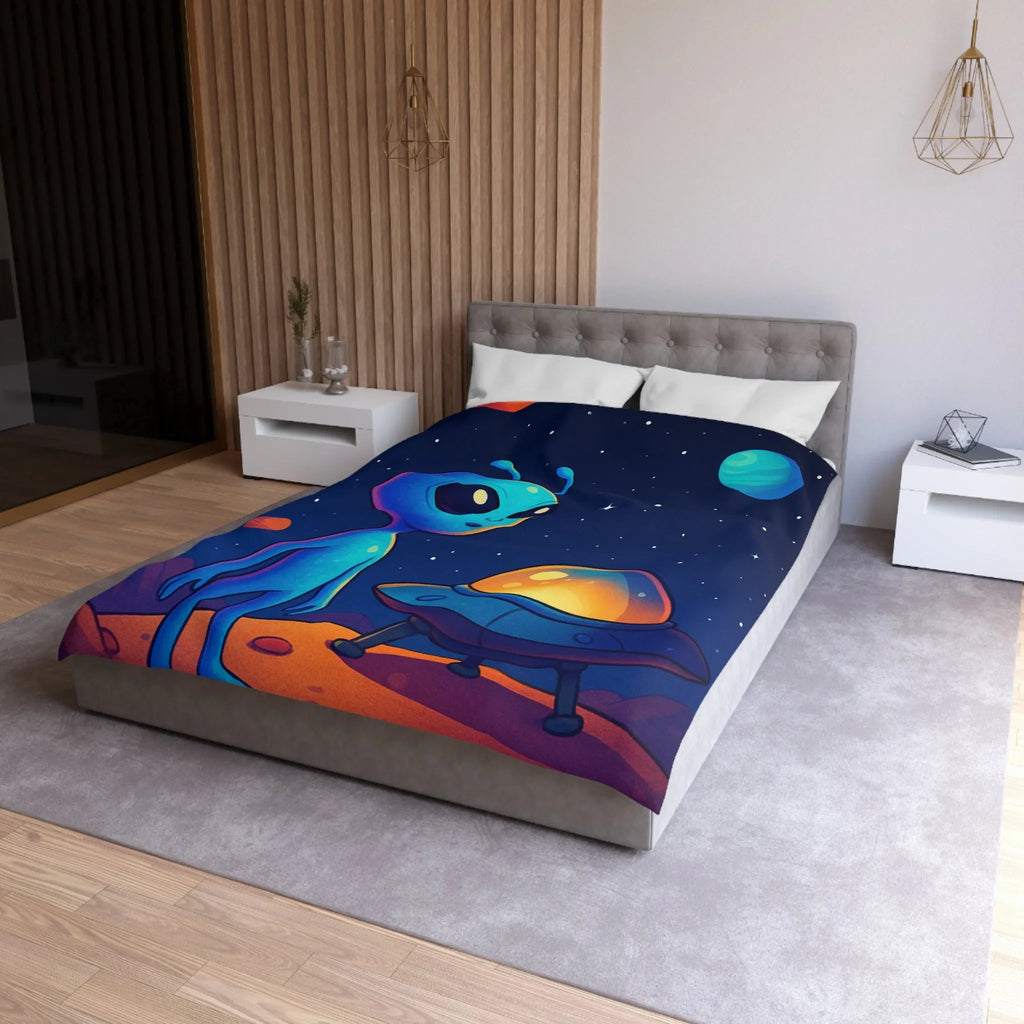 Housse de couette avec motif adorable de petit extraterrestre bleu et soucoupe volante
