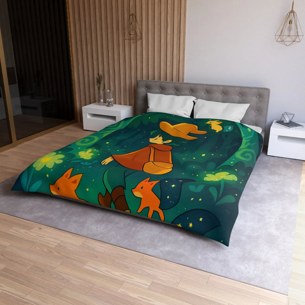 Housse de Couette Forêt Enchantée Enfants Renards Orange Jaune Vert Fantaisie Nuit