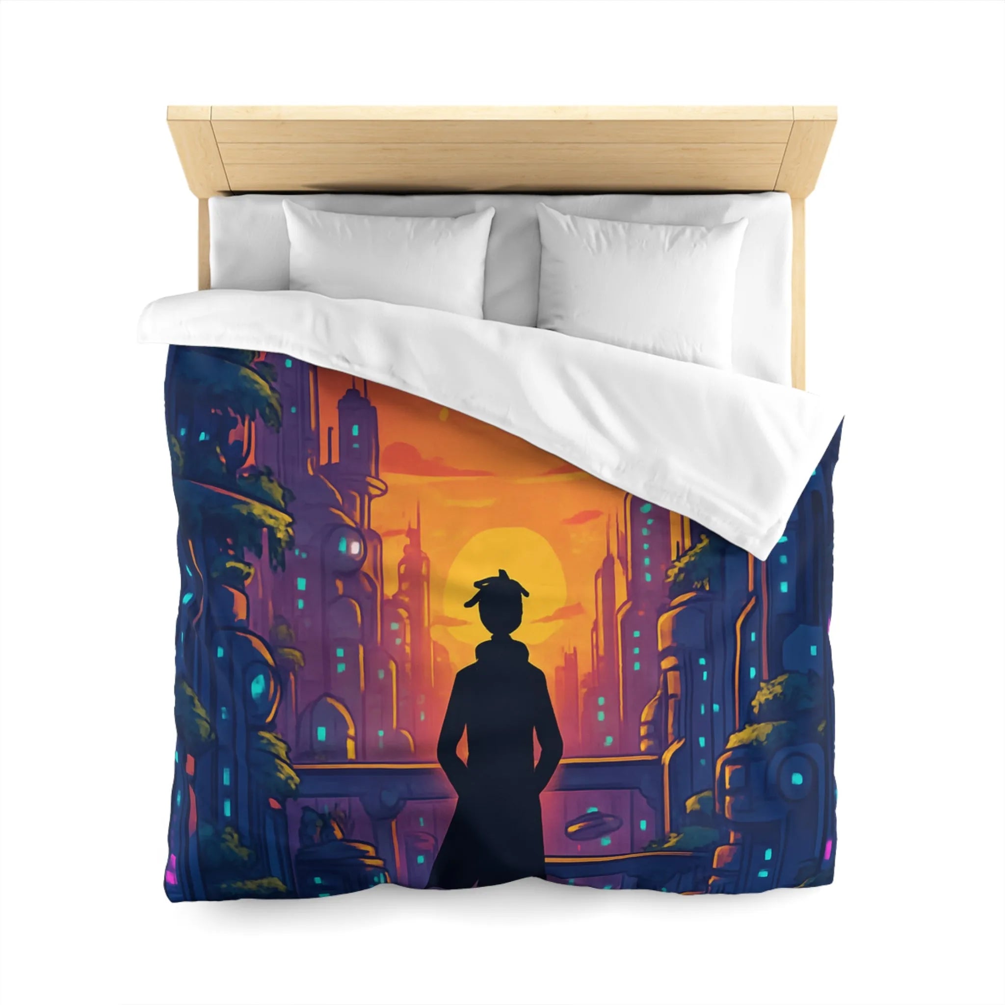 Housse de Couette Futuriste avec Paysage Urbain et Ciel Étoilé Orange et Bleu