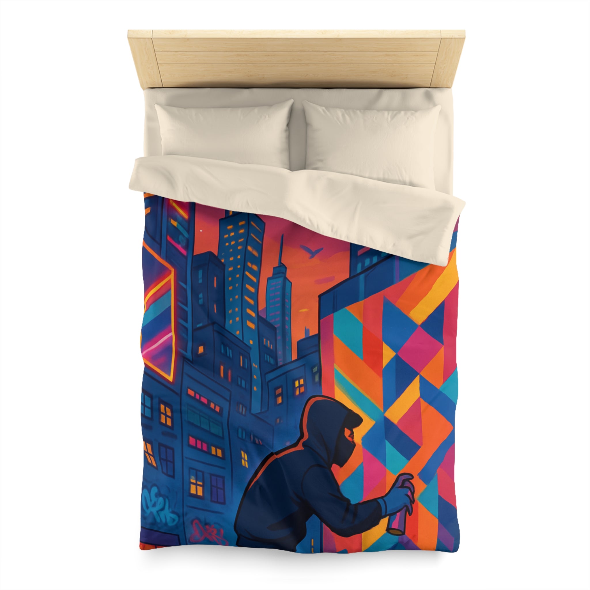 Housse de couette urbaine multicolore graffiti avec gratte-ciel et ciel crépusculaire
