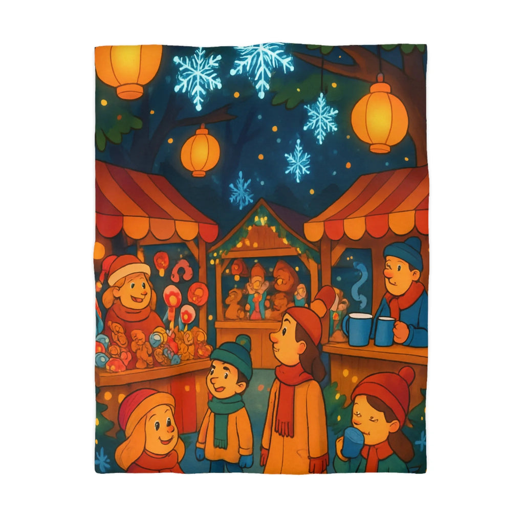 Housse de Couette Enfantine avec Scène Festive de Marché de Noël Illuminé et Joyeux