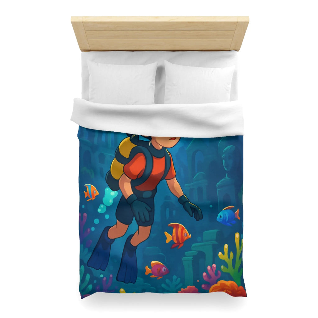 Housse de couette colorée avec plongeur et ruines sous-marines, poissons tropicaux vibrants