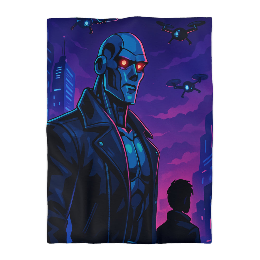 Housse de couette style néon avec robot futuriste et drones en ville de nuit