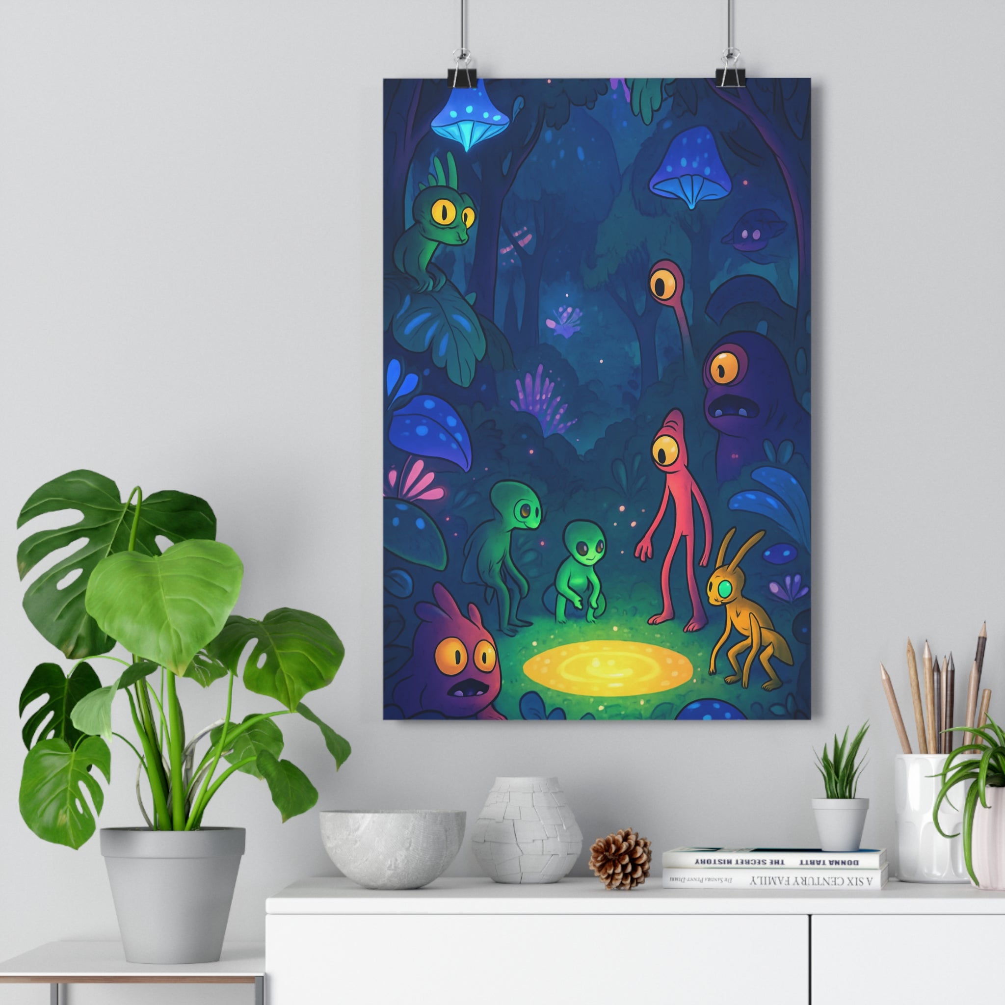 Poster décoratif fantastique aliens forêt mystérieuse bleu violet chambre détente ambiance onirique 30x46 cm