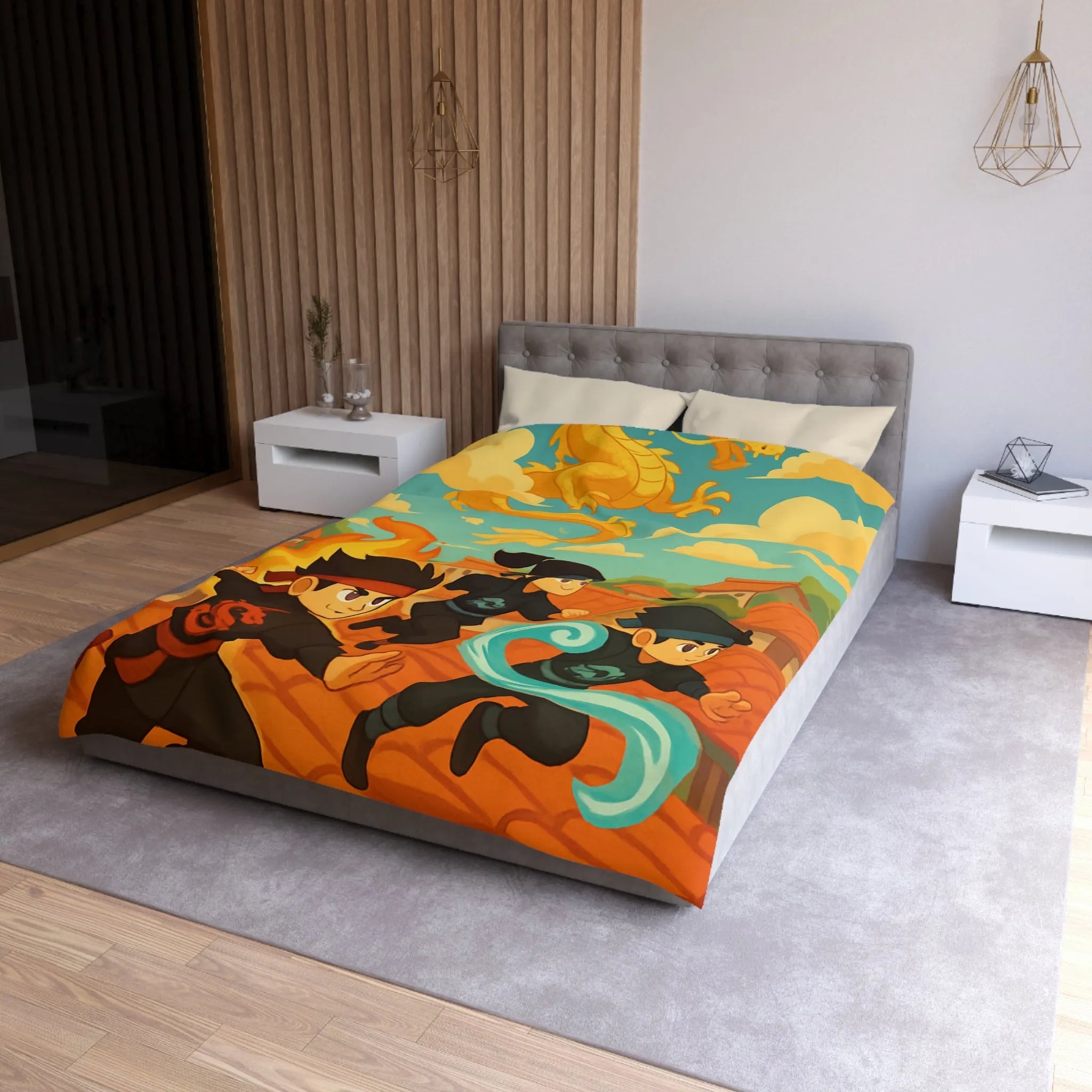 Housse de couette avec ninjas sautant et dragon doré dans un ciel ensoleillé