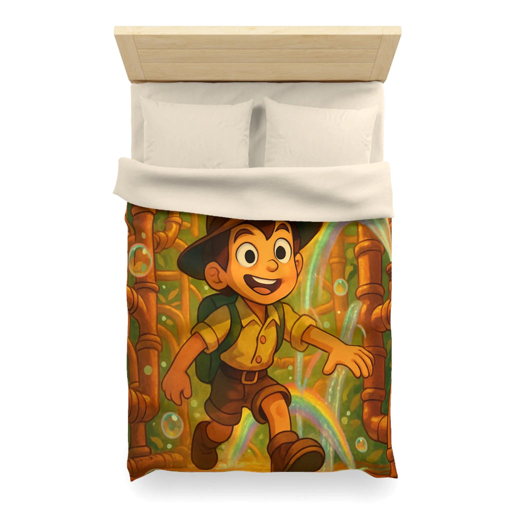Housse de couette enfantine : garçon explorateur, tuyaux dorés, arcs-en-ciel et bulles joyeuses