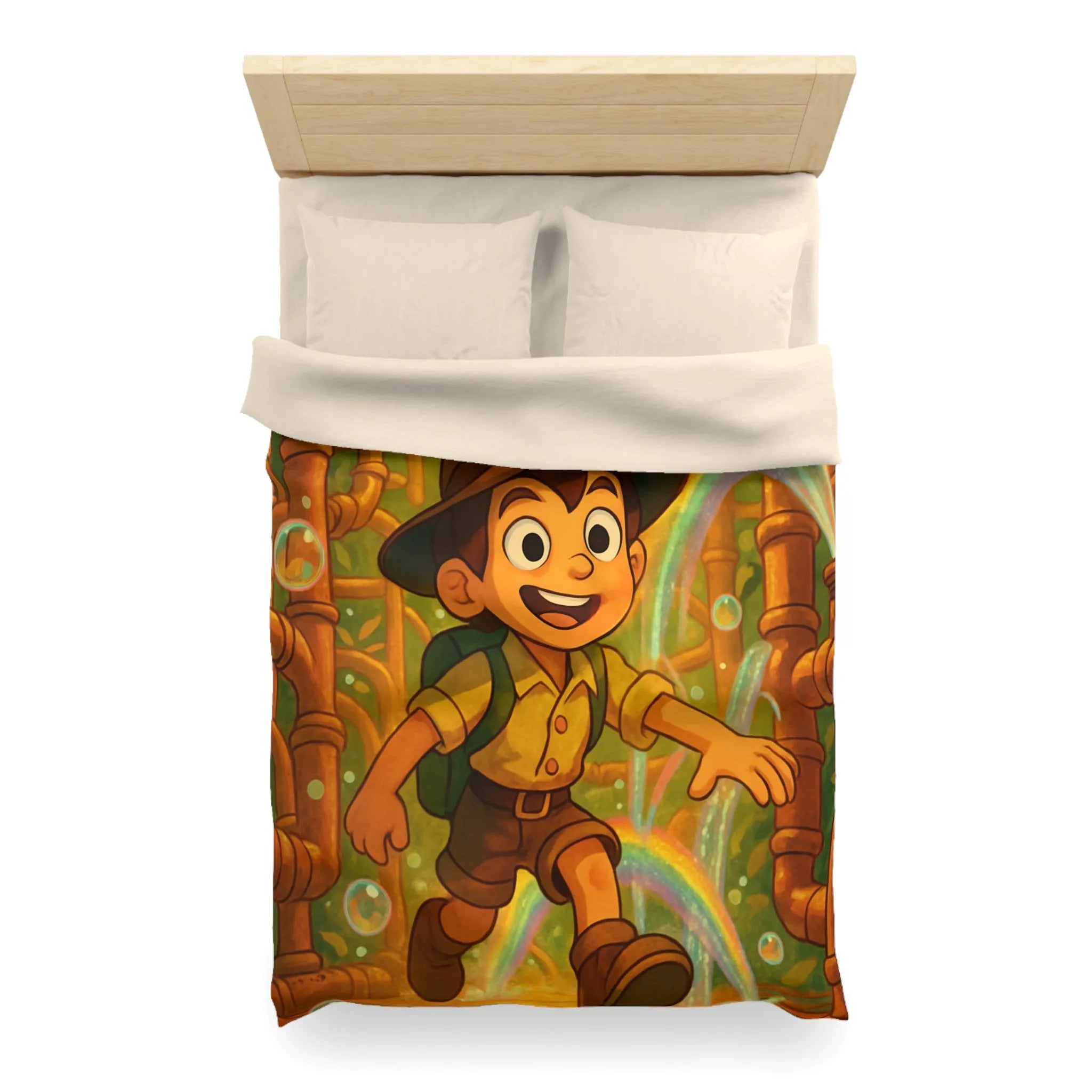 Housse de couette enfantine : garçon explorateur, tuyaux dorés, arcs-en-ciel et bulles joyeuses