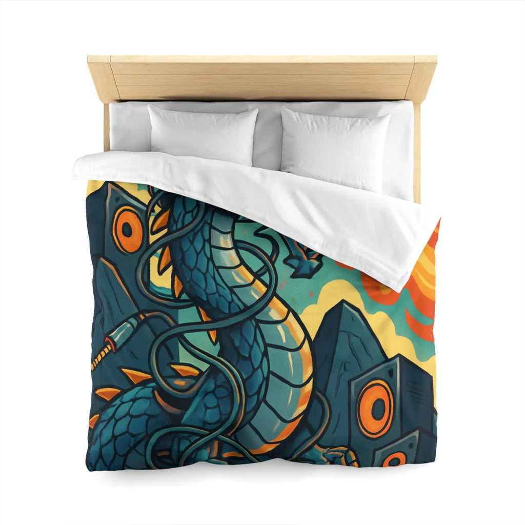 Housse de couette avec dragon fantaisie émettant flammes et musique vibrante rétro