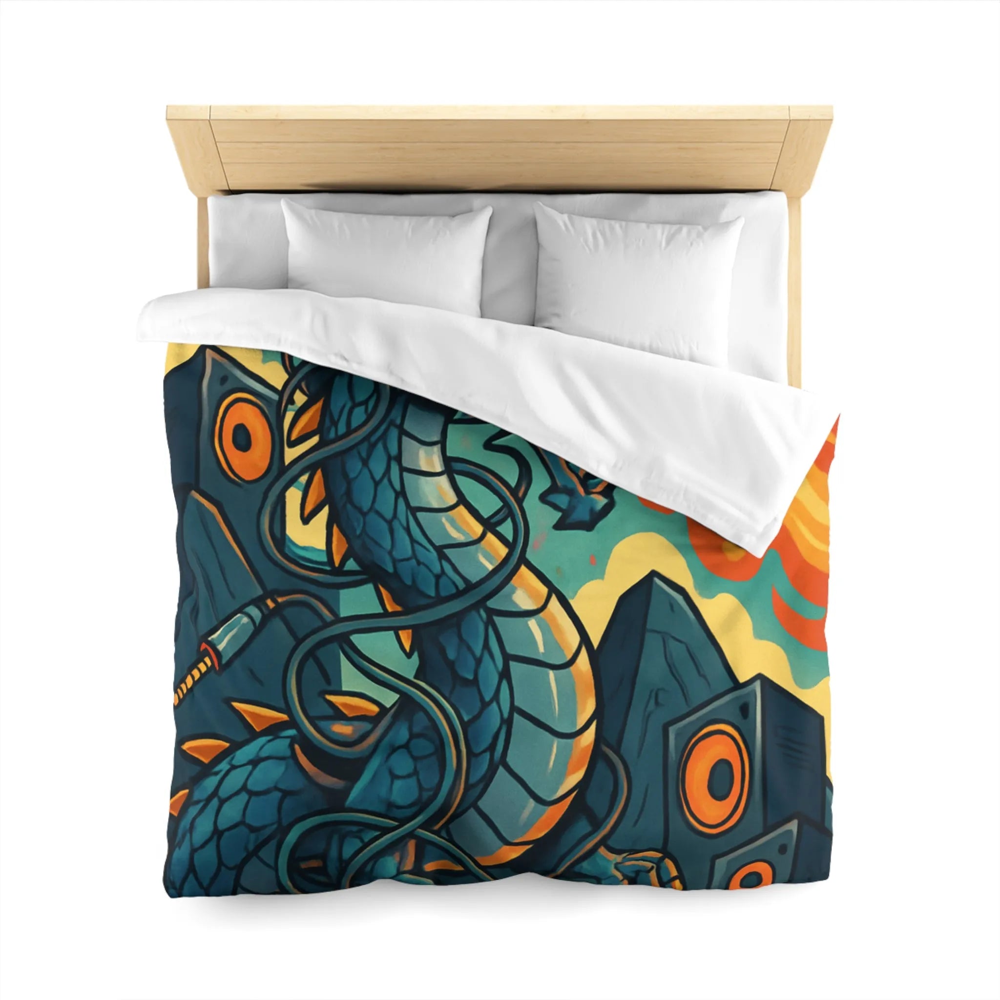 Housse de couette avec dragon fantaisie émettant flammes et musique vibrante rétro