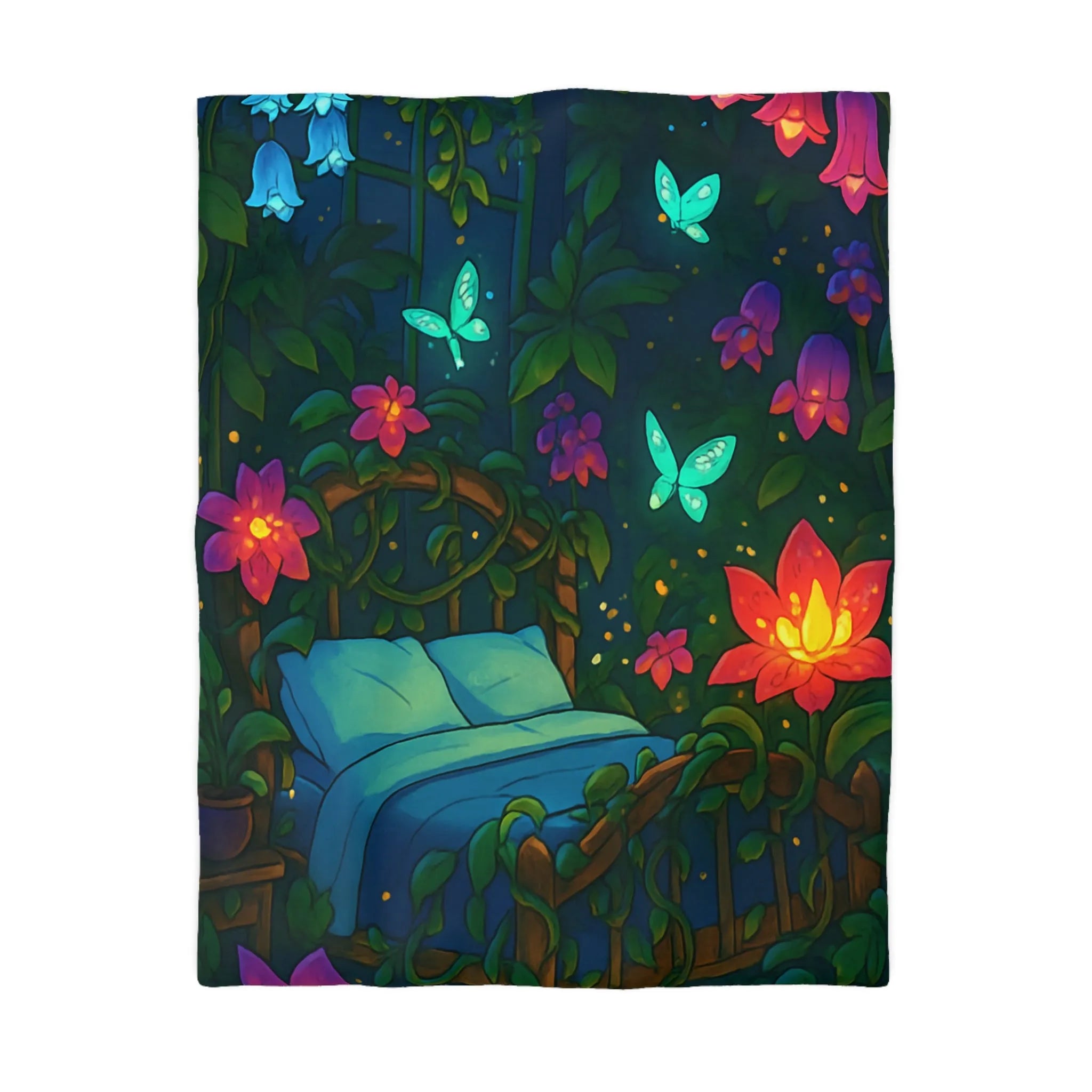 Housse de couette magique avec motifs de fleurs lumineuses et papillons dans la nuit