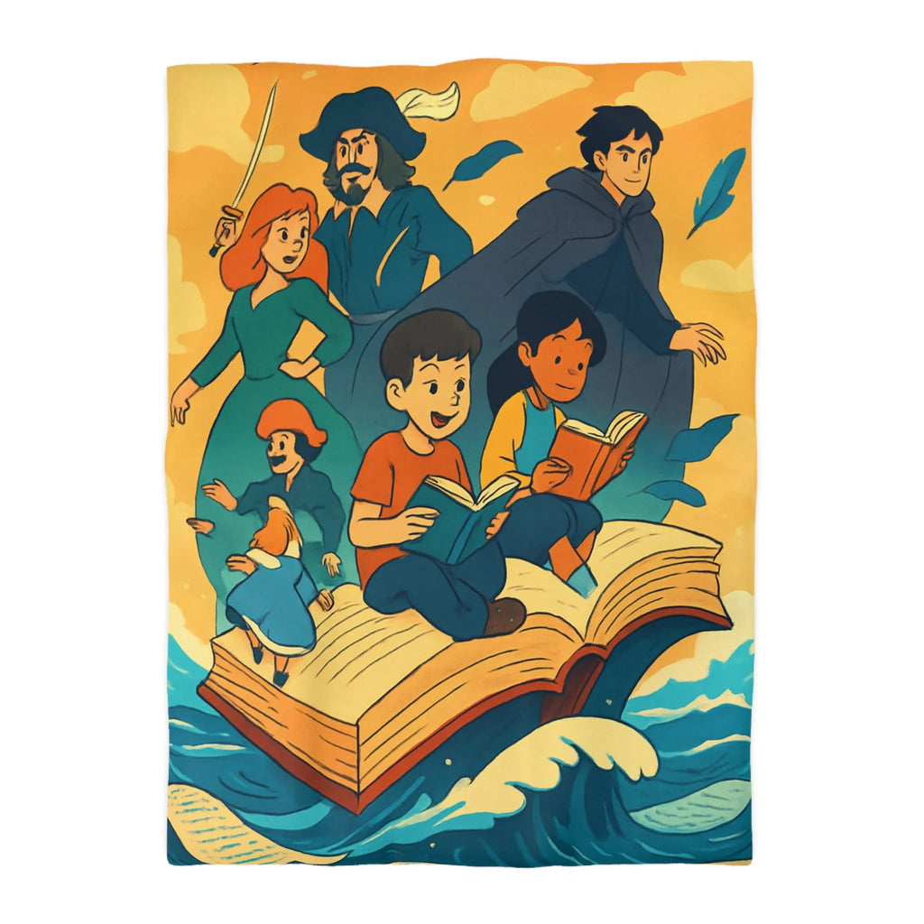 Housse de couette enfant rêve fantastique avec livre, vagues et personnages imaginaires