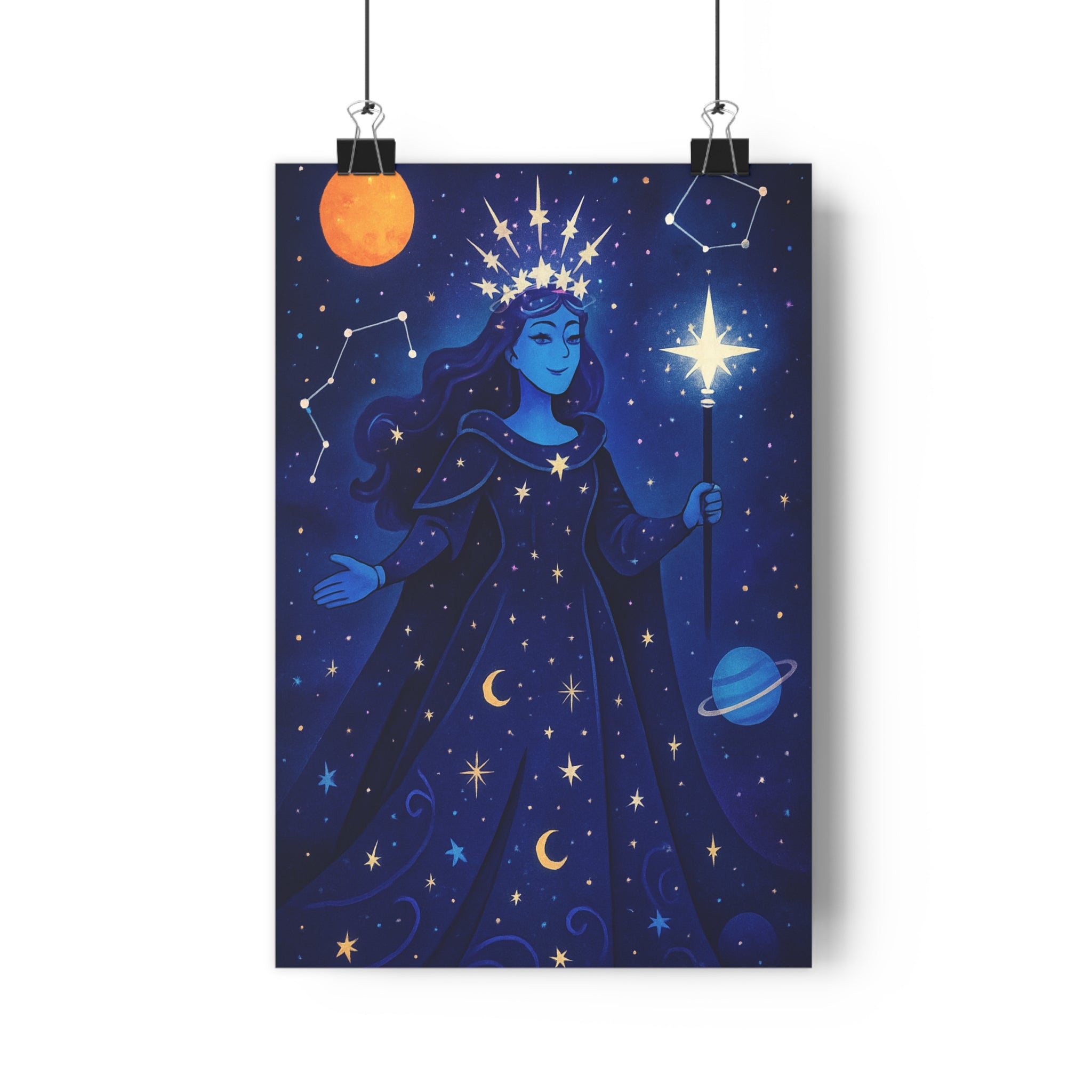 Poster décoratif mystique dessin animé étoiles bleu orange chambre salon cosmos femme lumineux qualité