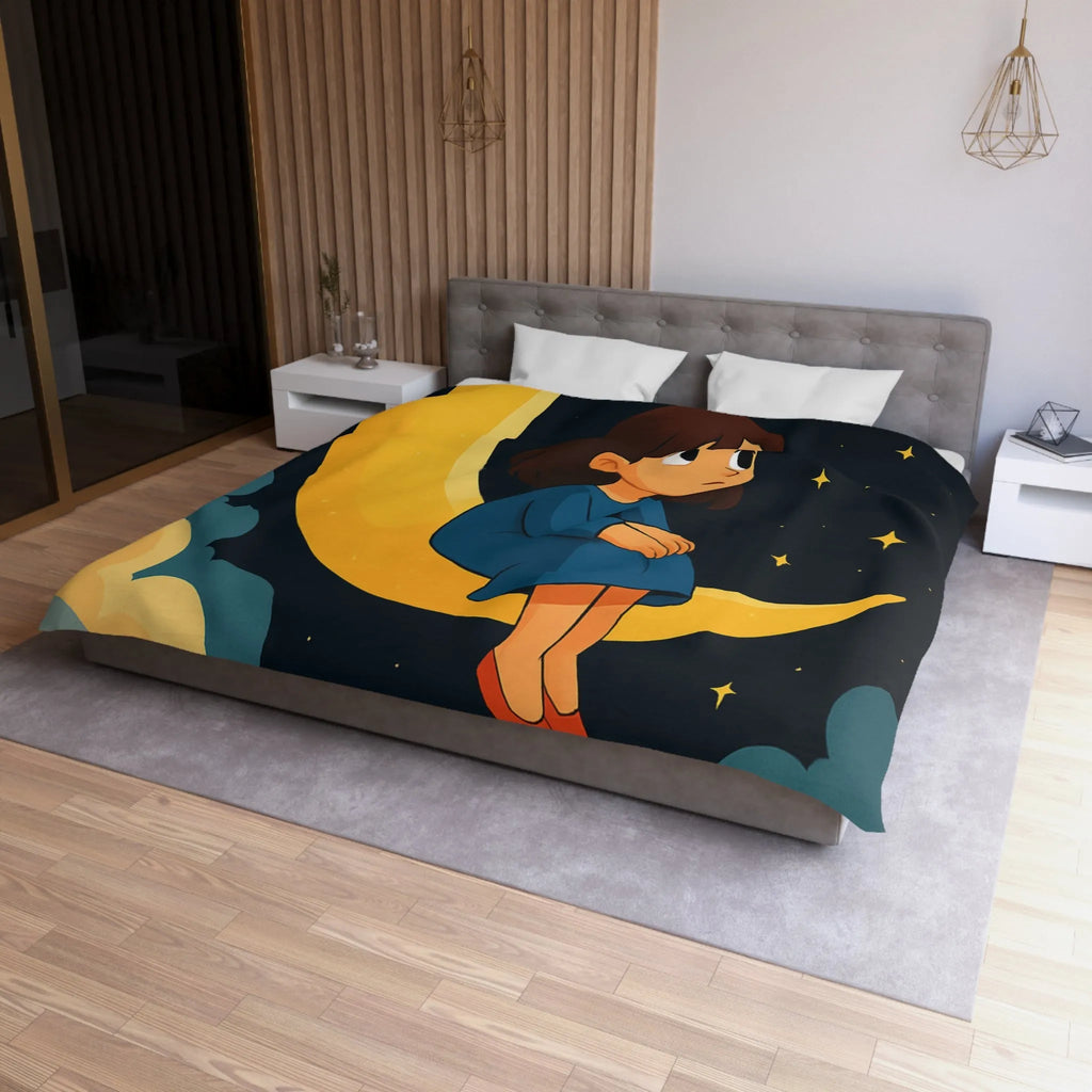 Housse de couette avec lune jaune, ciel étoilé et fille pensive en bleu