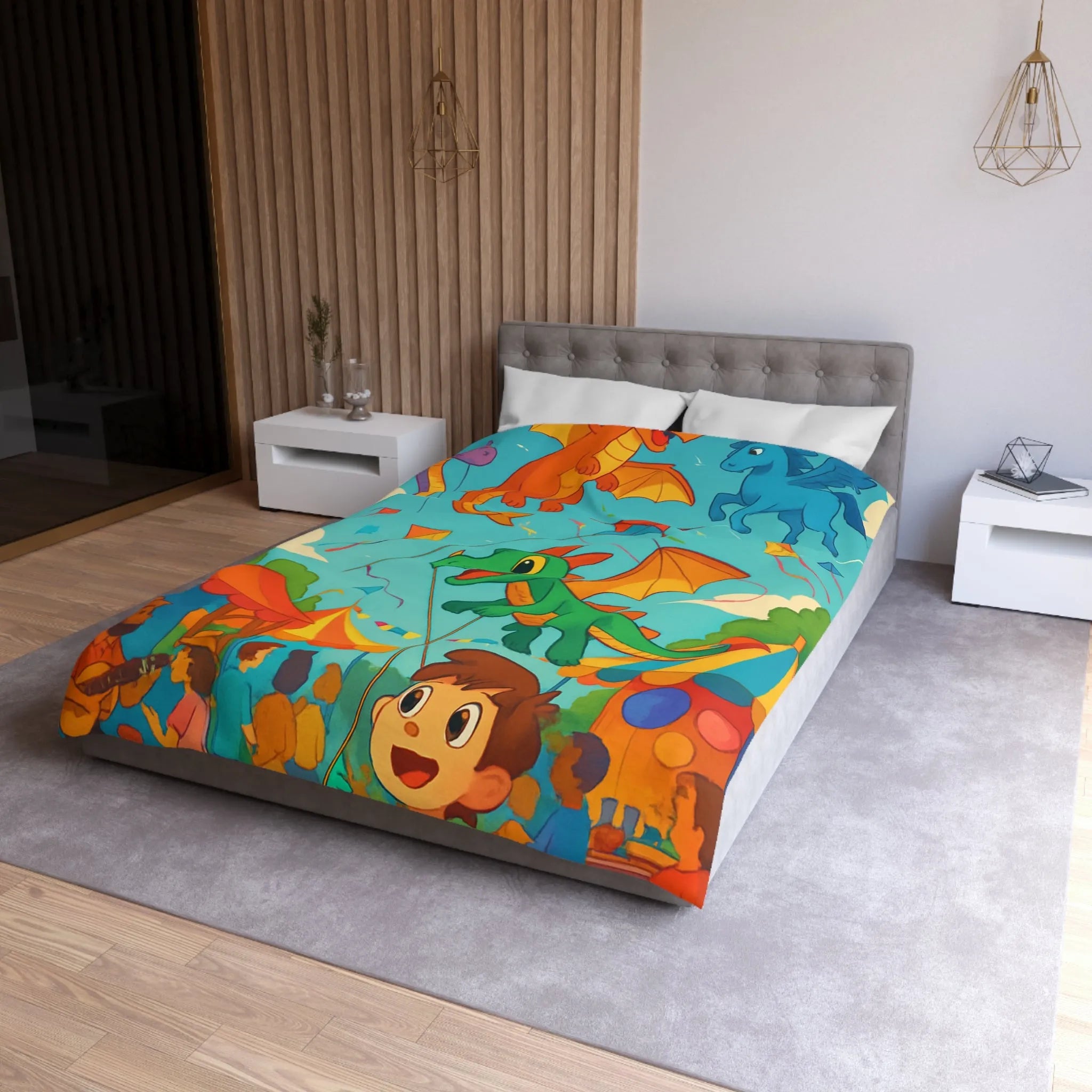 Envolée de cerfs-volants dragons et licorne sous un ciel bleu auberge festival