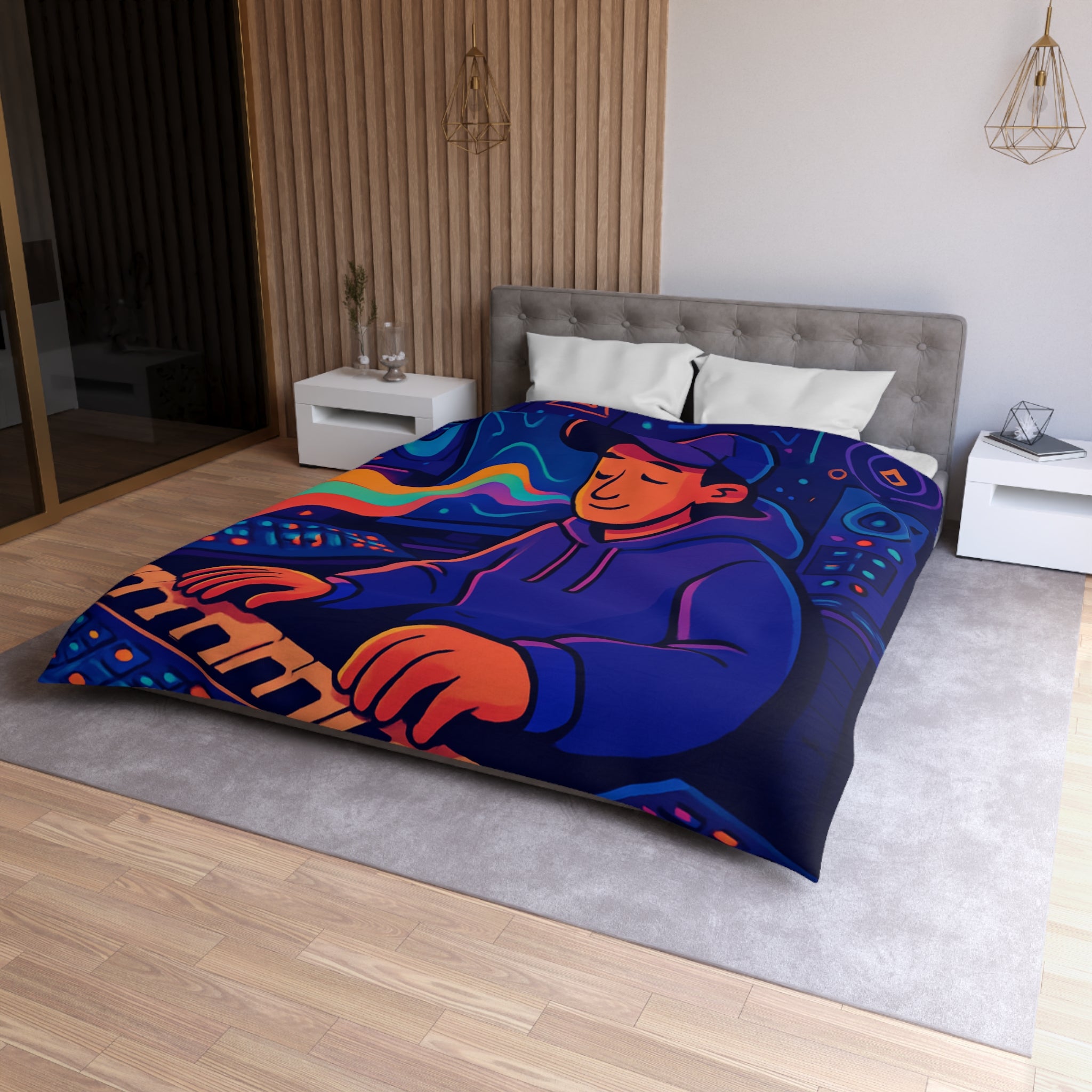 Housse de couette vibrante avec musicien dans un studio coloré et moderne