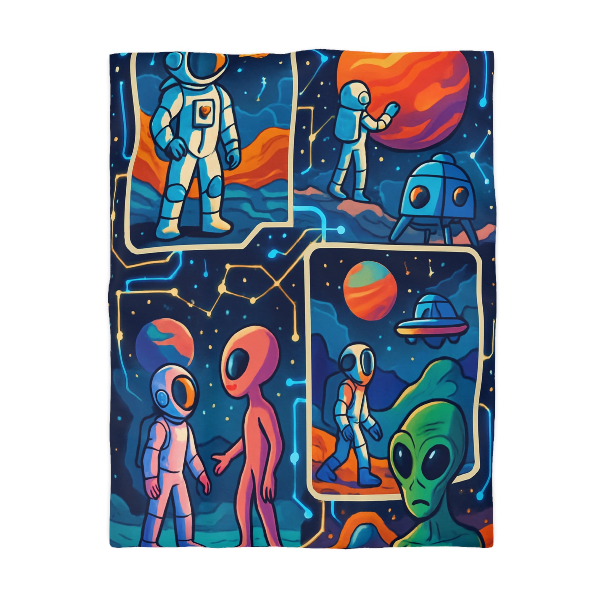 Housse de couette spatiale colorée avec extraterrestres et planètes dans l'espace cosmique