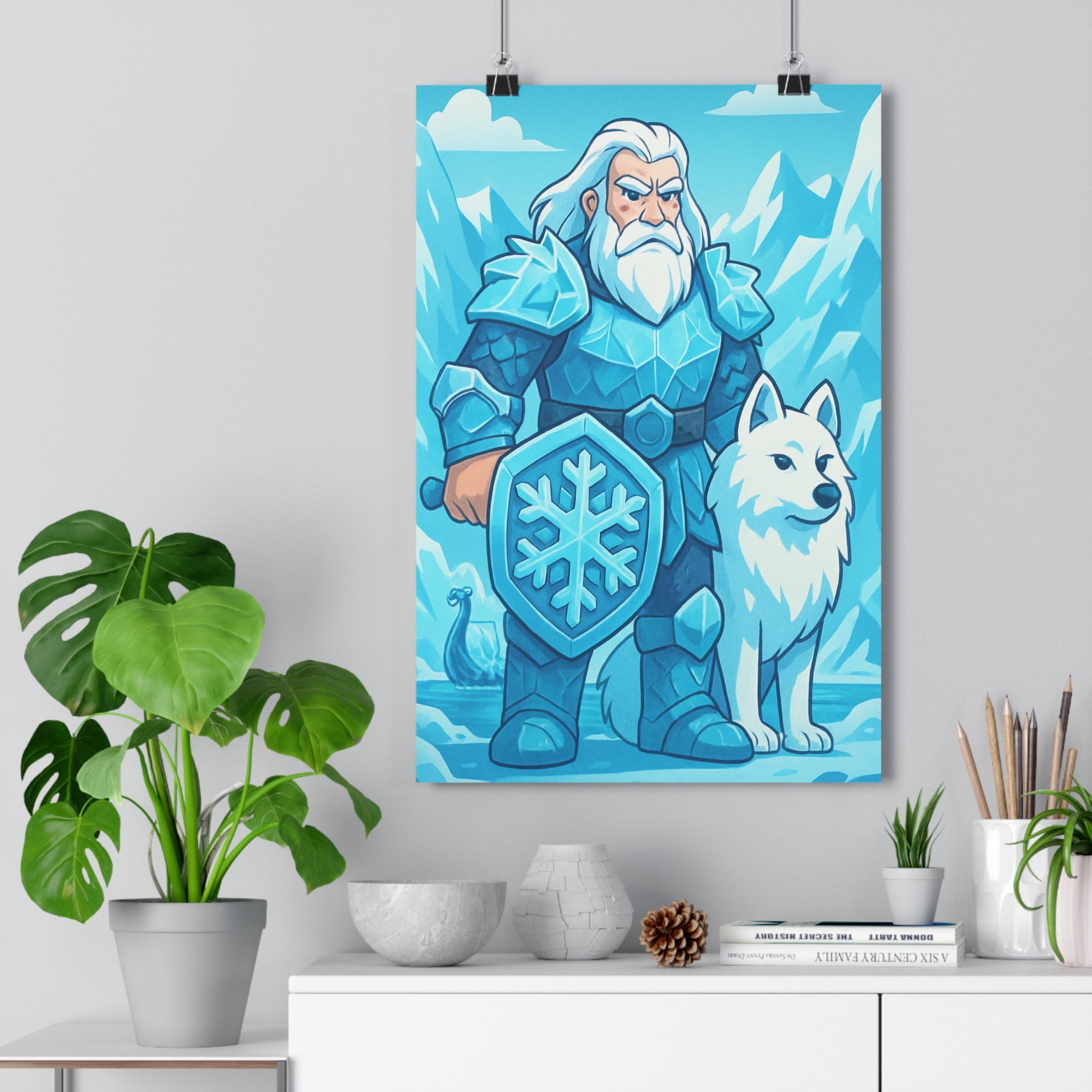 Poster décoratif mythologique bleu blanc aventure guerrier loup glace salon chambre unique ambiance qualité