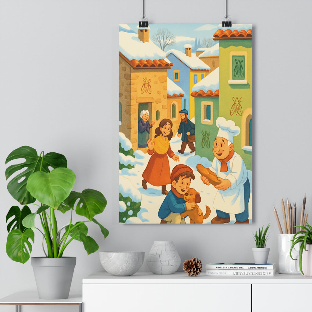 Poster décoratif cartoon joyeux village neige enfant chambre couleur vive personnage amical scène hiver