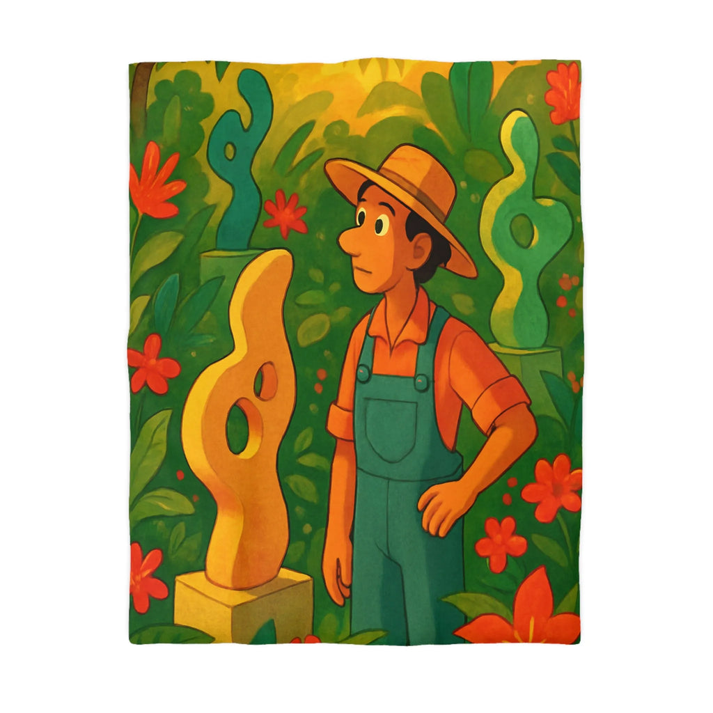 Housse de couette jardin vibrant avec sculptures et fleurs tropicales ambiance artistique