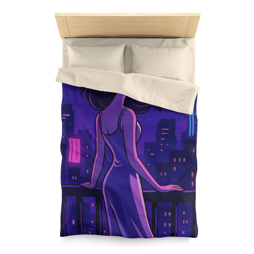Housse de couette avec femme contemplant ville nocturne éclairée, style rétro futuriste animé