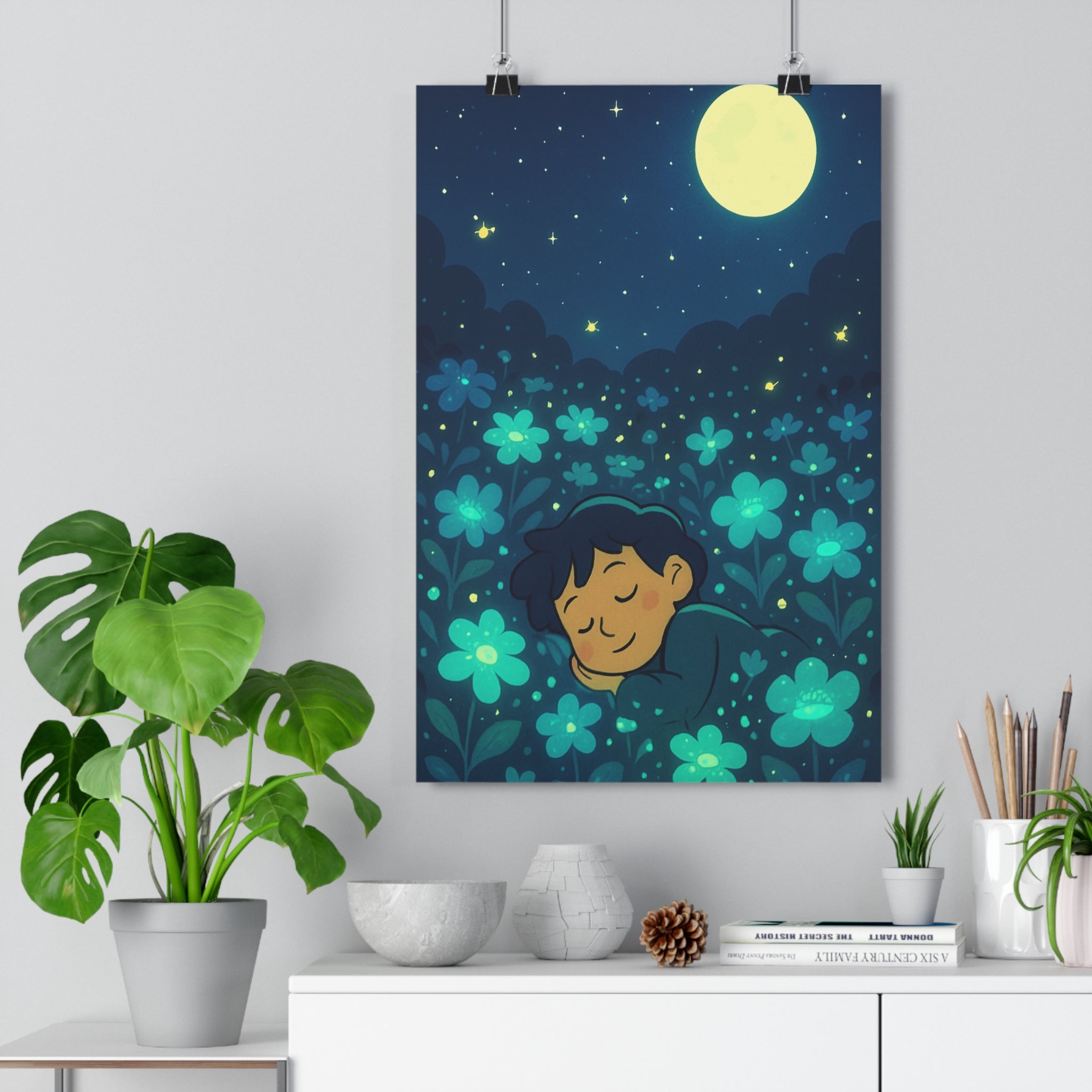 Poster décoratif enfant ciel étoilé fleurs lumineuses cartoon magique apaisant chambre doux rêveur nuit
