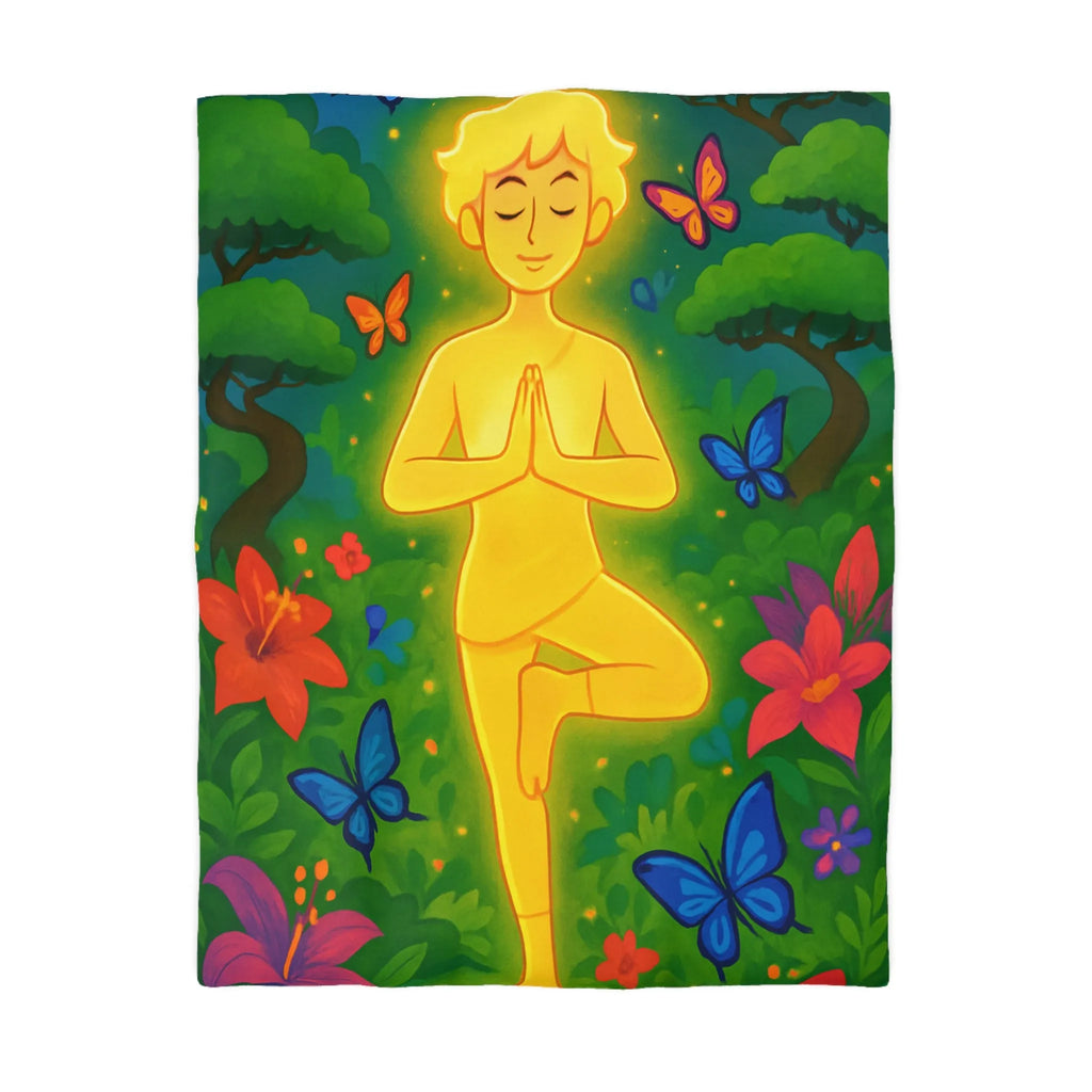 Housse de Couette avec Design Méditatif et Papillons Multicolores en Forêt Luxuriante