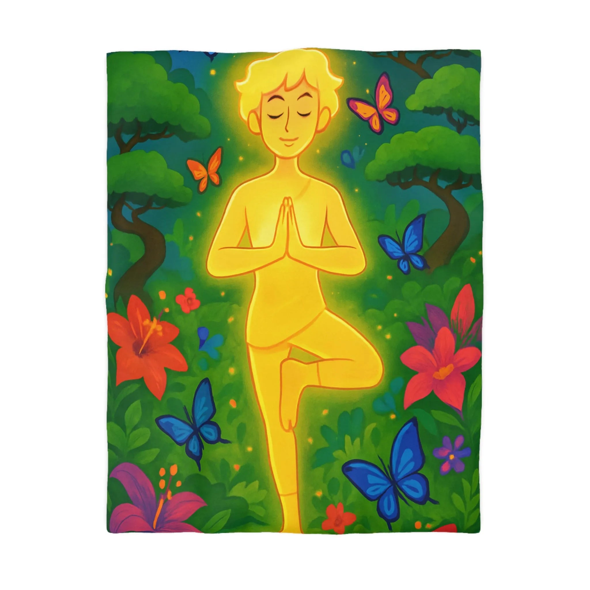 Housse de Couette avec Design Méditatif et Papillons Multicolores en Forêt Luxuriante