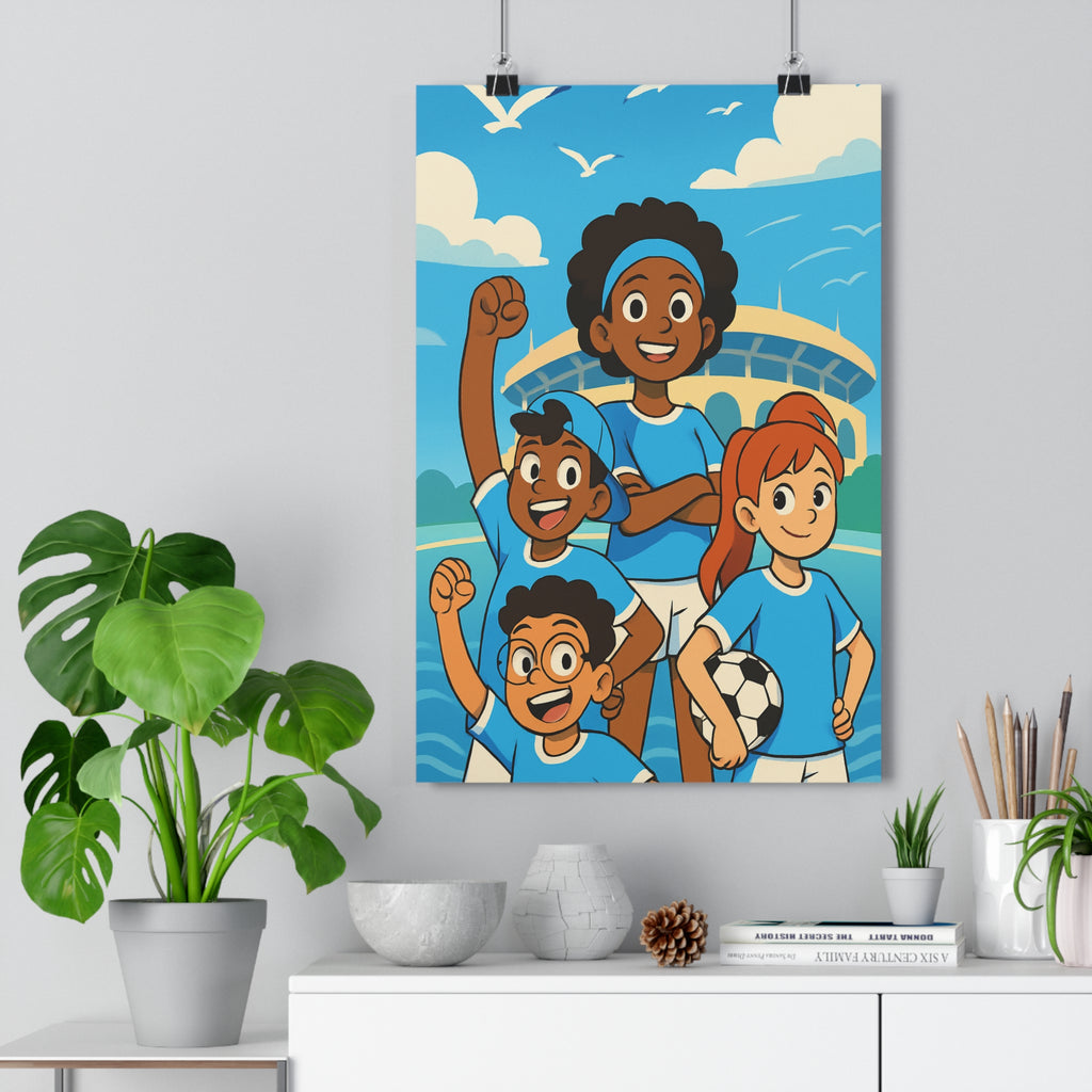 Poster décoratif dessin animé bleu vif joyeux enfant chambre ambiance colorée dynamique sport olympique