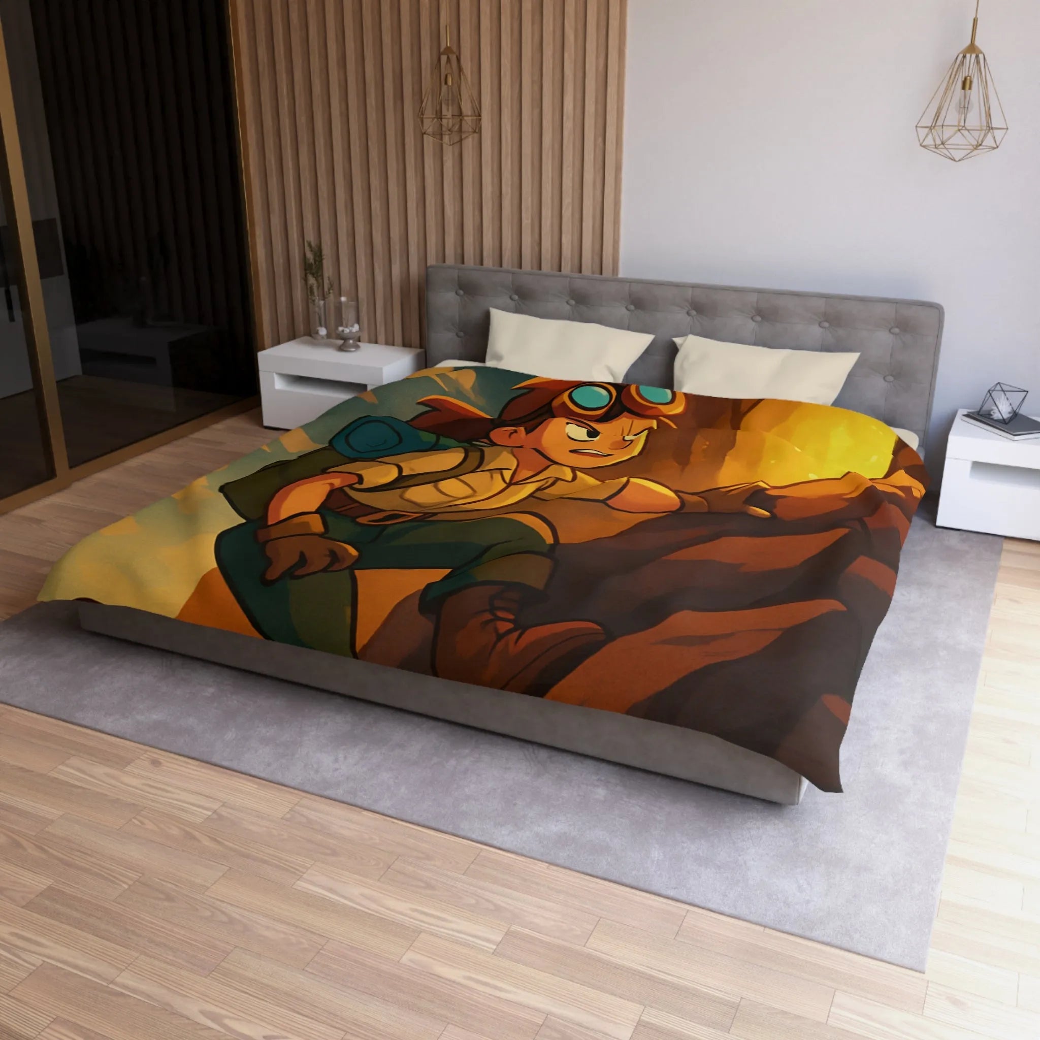 Housse de couette aventure colorée avec jeune explorateur et singe devant grotte lumineuse