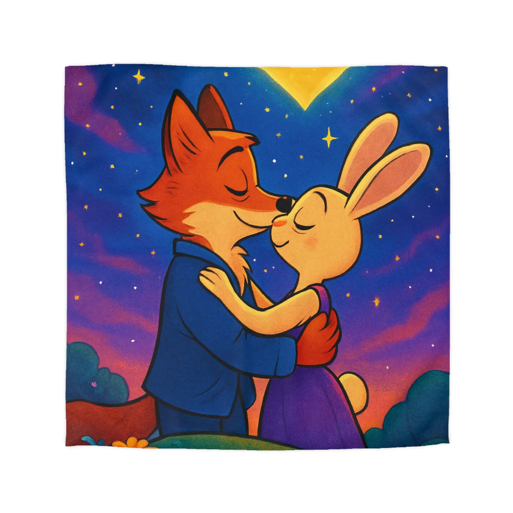 Housse de couette avec renard et lapin amoureux sous ciel étoilé romantique