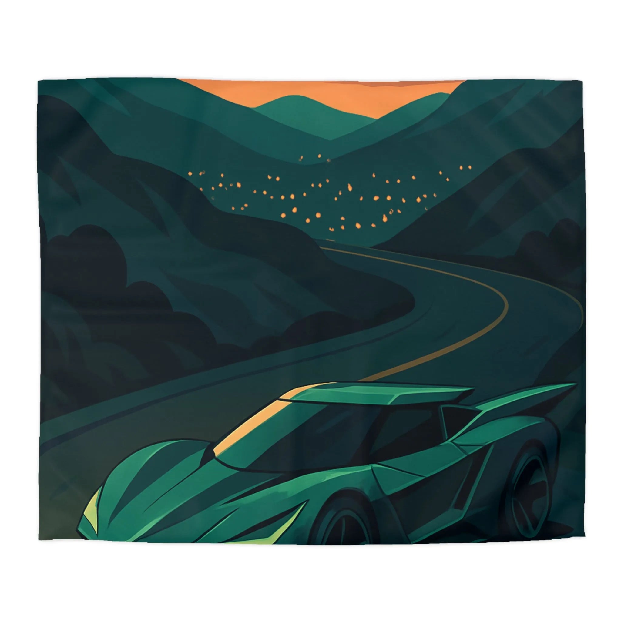 Housse de couette design voiture de sport moderne sur route sinueuse au crépuscule